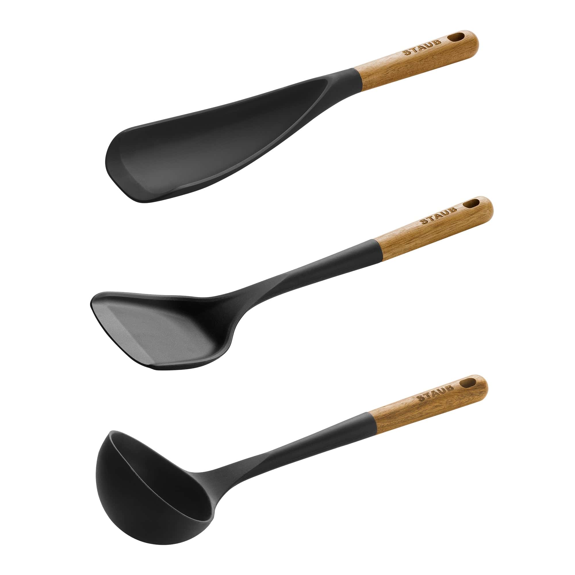 Staub Silicone 3-piece Cooking Utensil Set, with Spatula, Ladle and Wok Turner, BPA-Free with Wood Handles