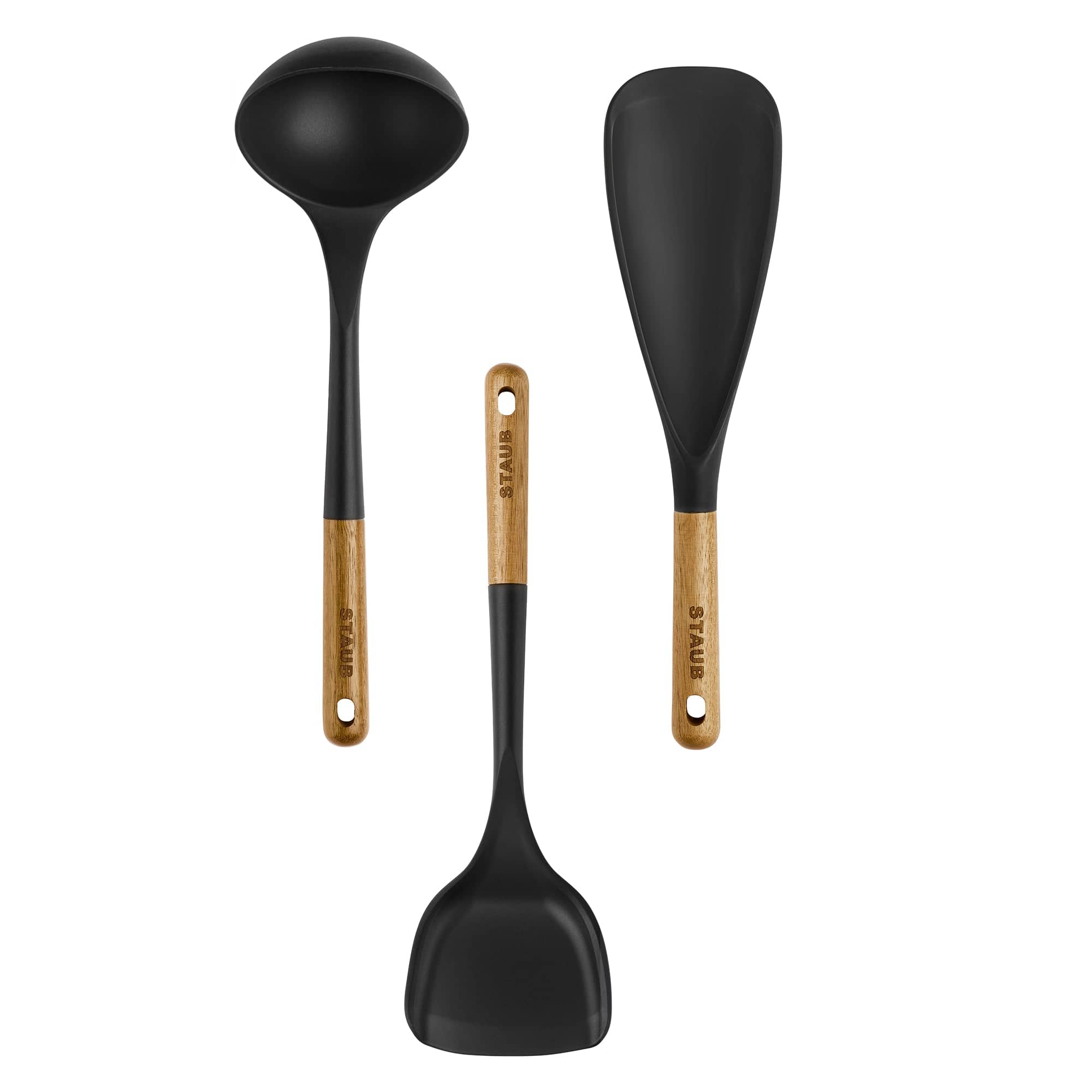 Staub Silicone 3-piece Cooking Utensil Set, with Spatula, Ladle and Wok Turner, BPA-Free with Wood Handles