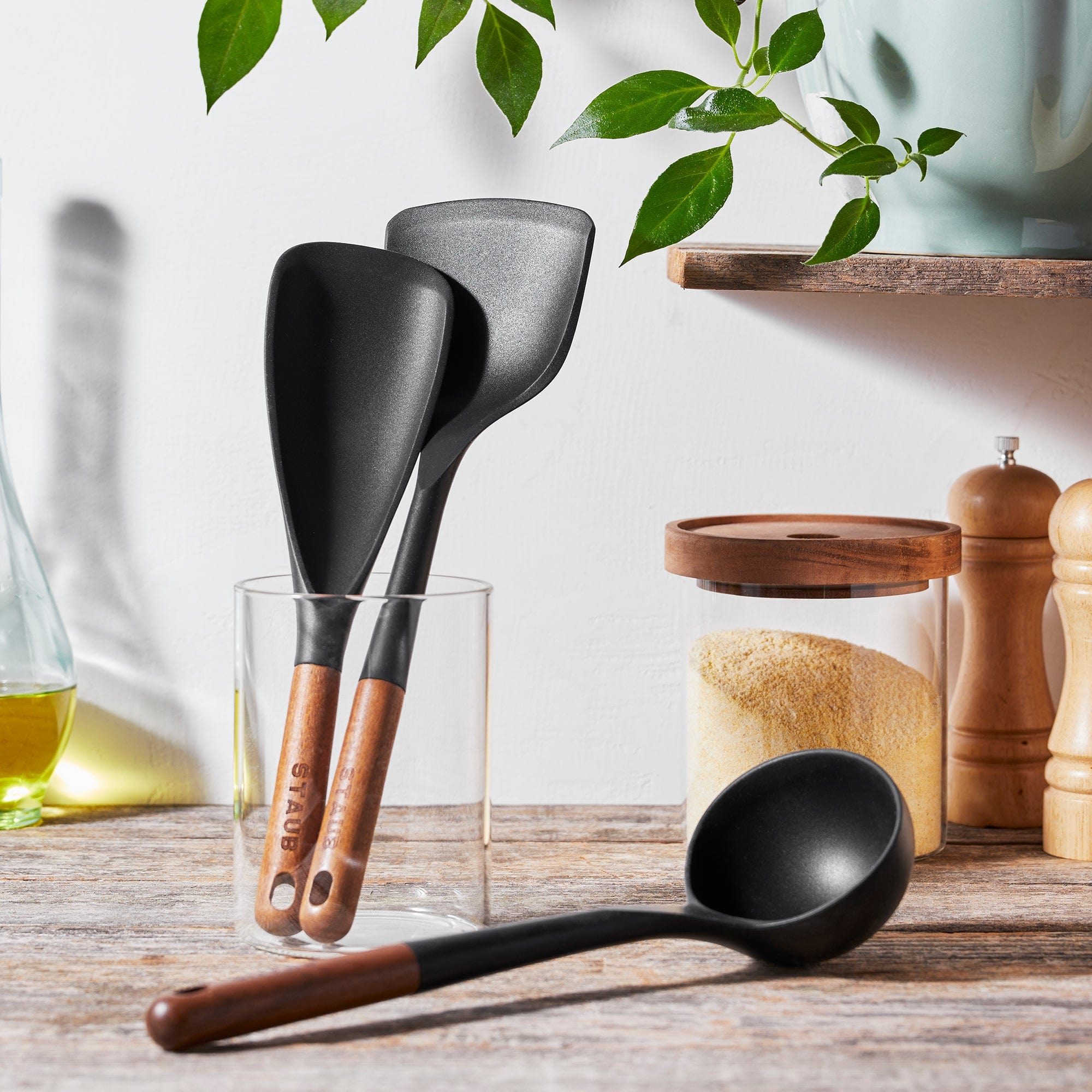 Staub Silicone 3-piece Cooking Utensil Set, with Spatula, Ladle and Wok Turner, BPA-Free with Wood Handles