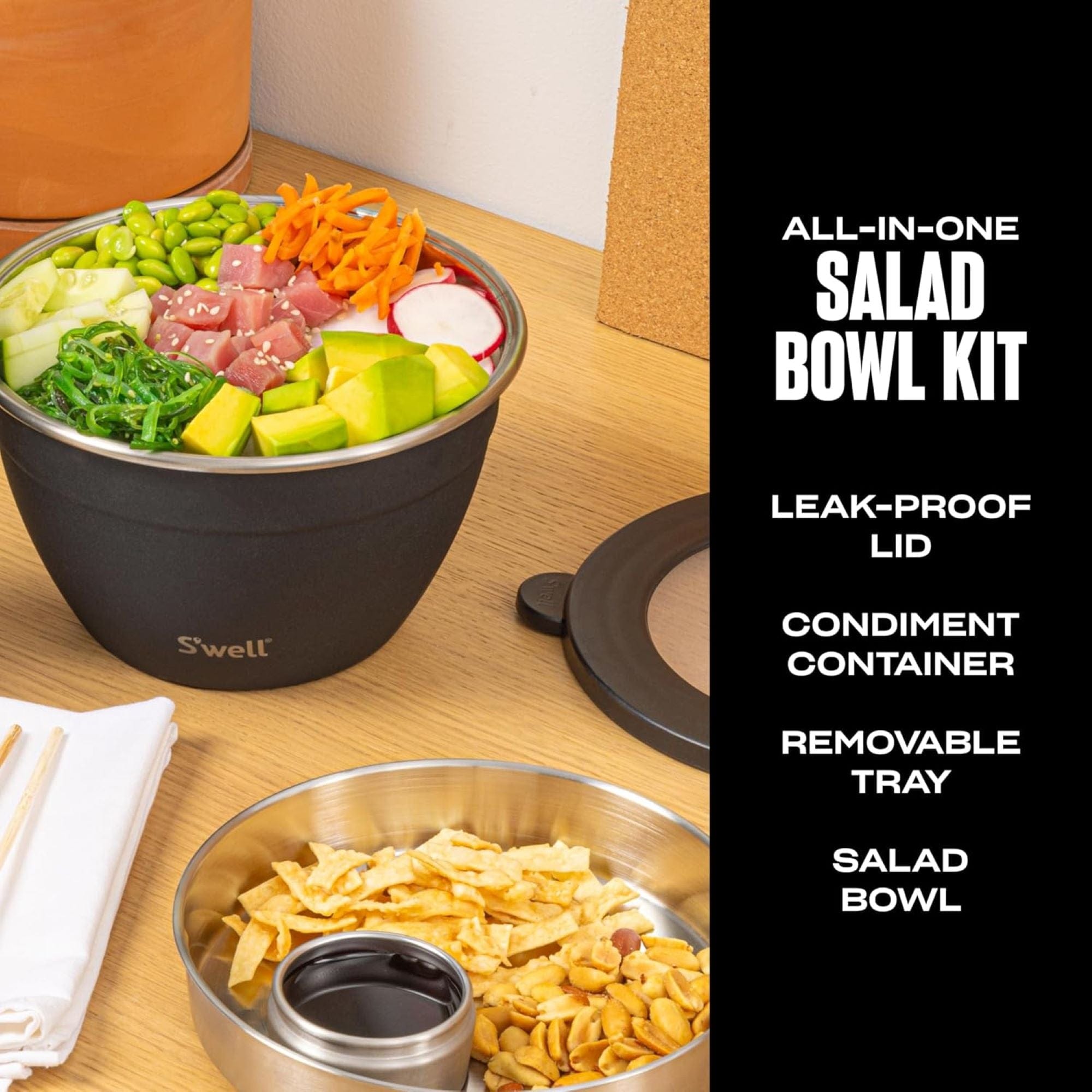 S'well Stainless Steel Salad Bowl Kit, with Mini Canister, Removable Tray, Leakproof, Easy to Clean, Dishwasher Safe