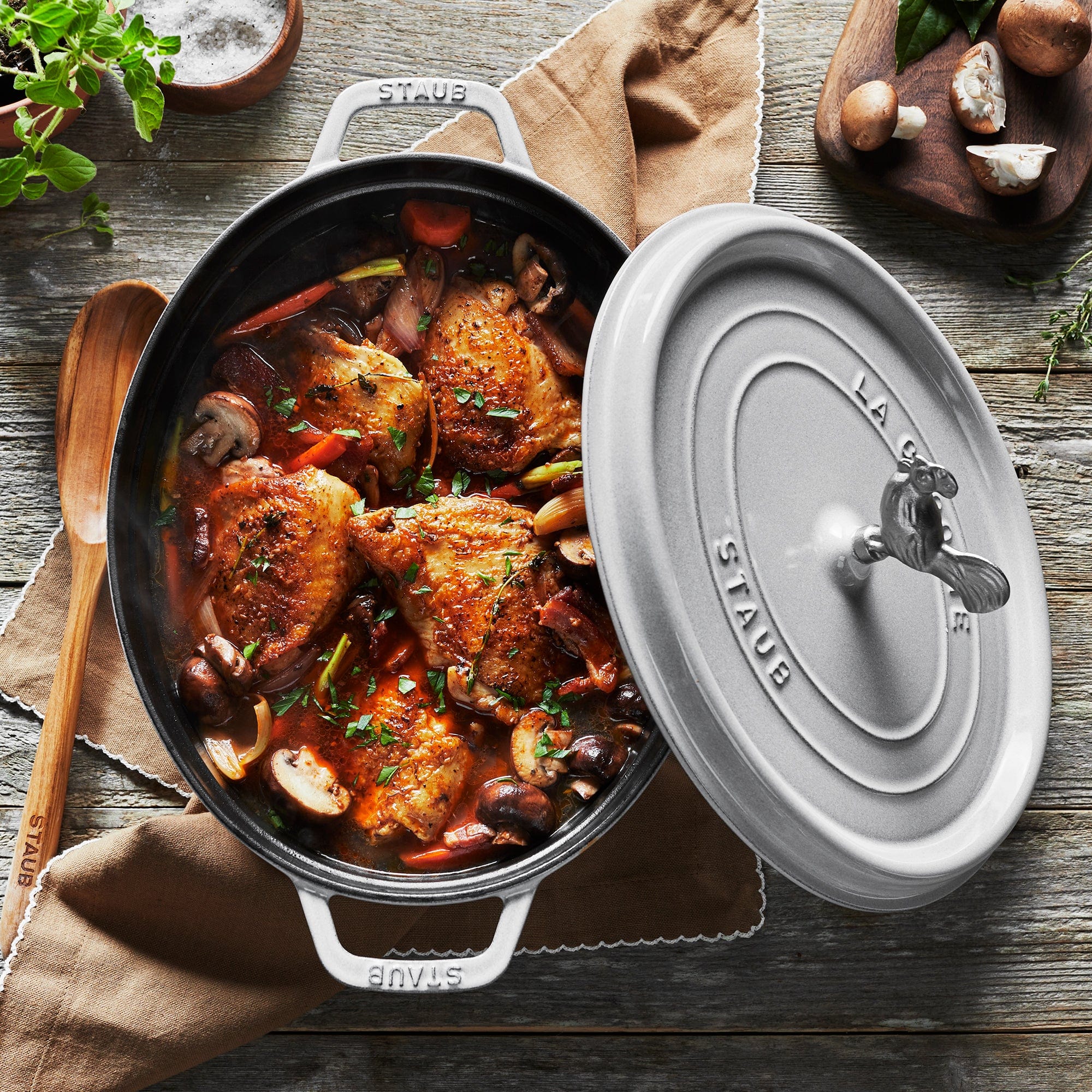 Staub Cast Iron 5.75-qt Coq au Vin Oval Cocotte, Dutch Oven - White Truffle