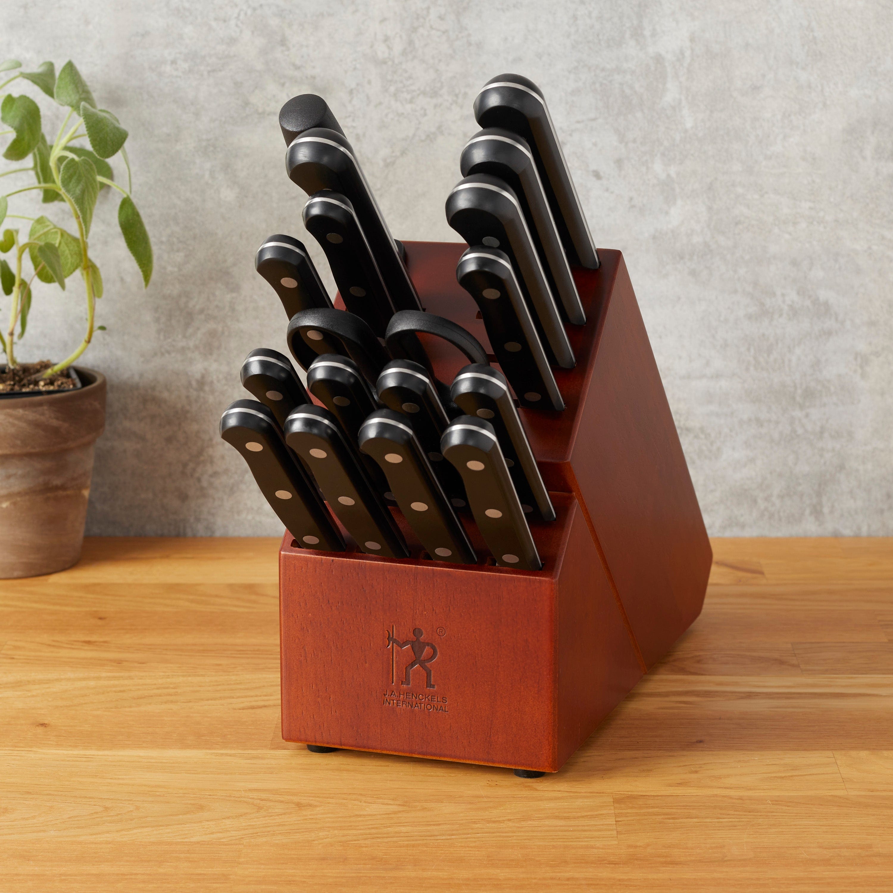 Henckels Razor-Sharp Solution 18-pc Knife Set with Block, Chef, Steak, Utility, Dark Brown, Stainless Steel, German Engineered