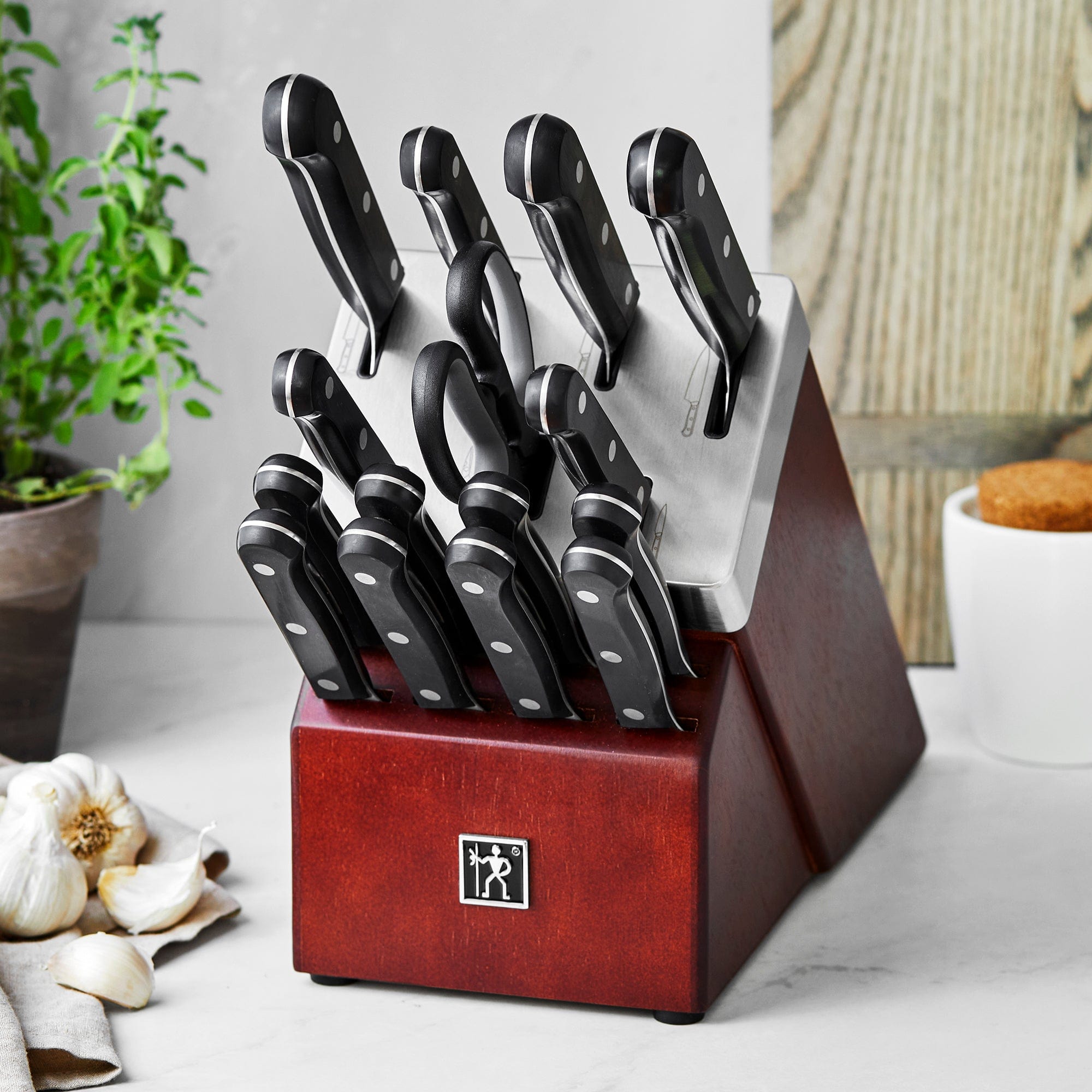 Henckels Razor-Sharp Solution 16-pc Self-Sharpening Knife Block Set, Walnut, German Engineered
