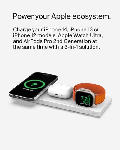 Belkin BoostCharge Pro 15W 3-in-1 Wireless MagSafe Charging Pad, White