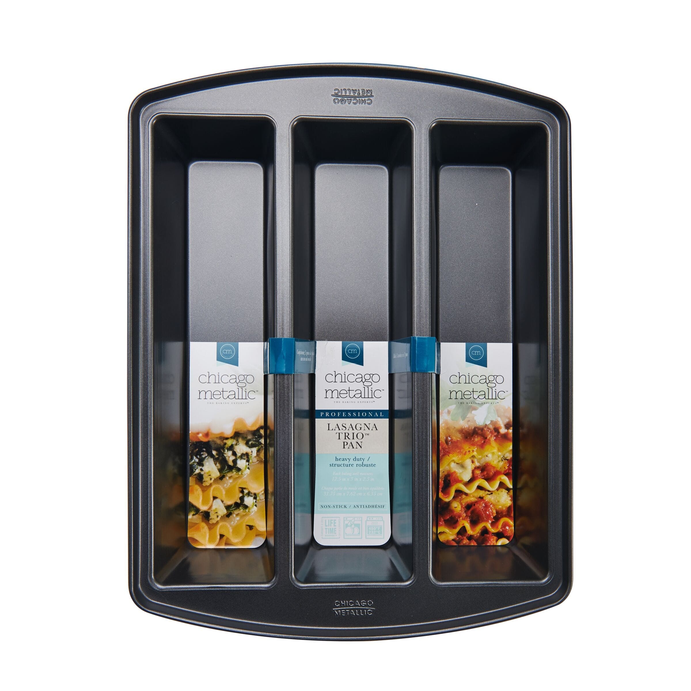 Chicago Metallic Professional Lasagna Trio Pan, Perfect for loaf breads, cakes and more 12.5x16x3 inches, Silver