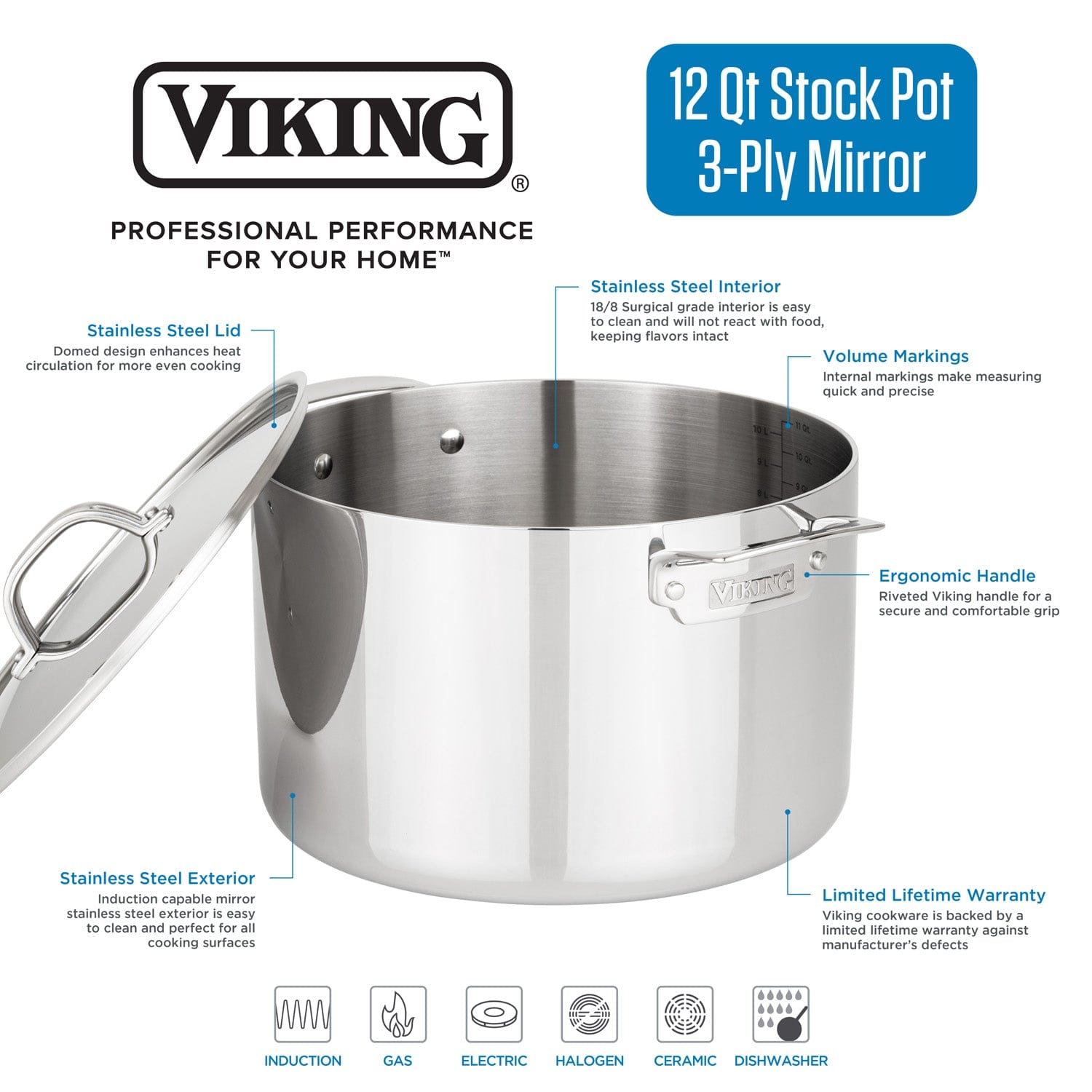 Viking 3-Ply 12-qt Stoock Poot with Metal Lid, Mirror Finish