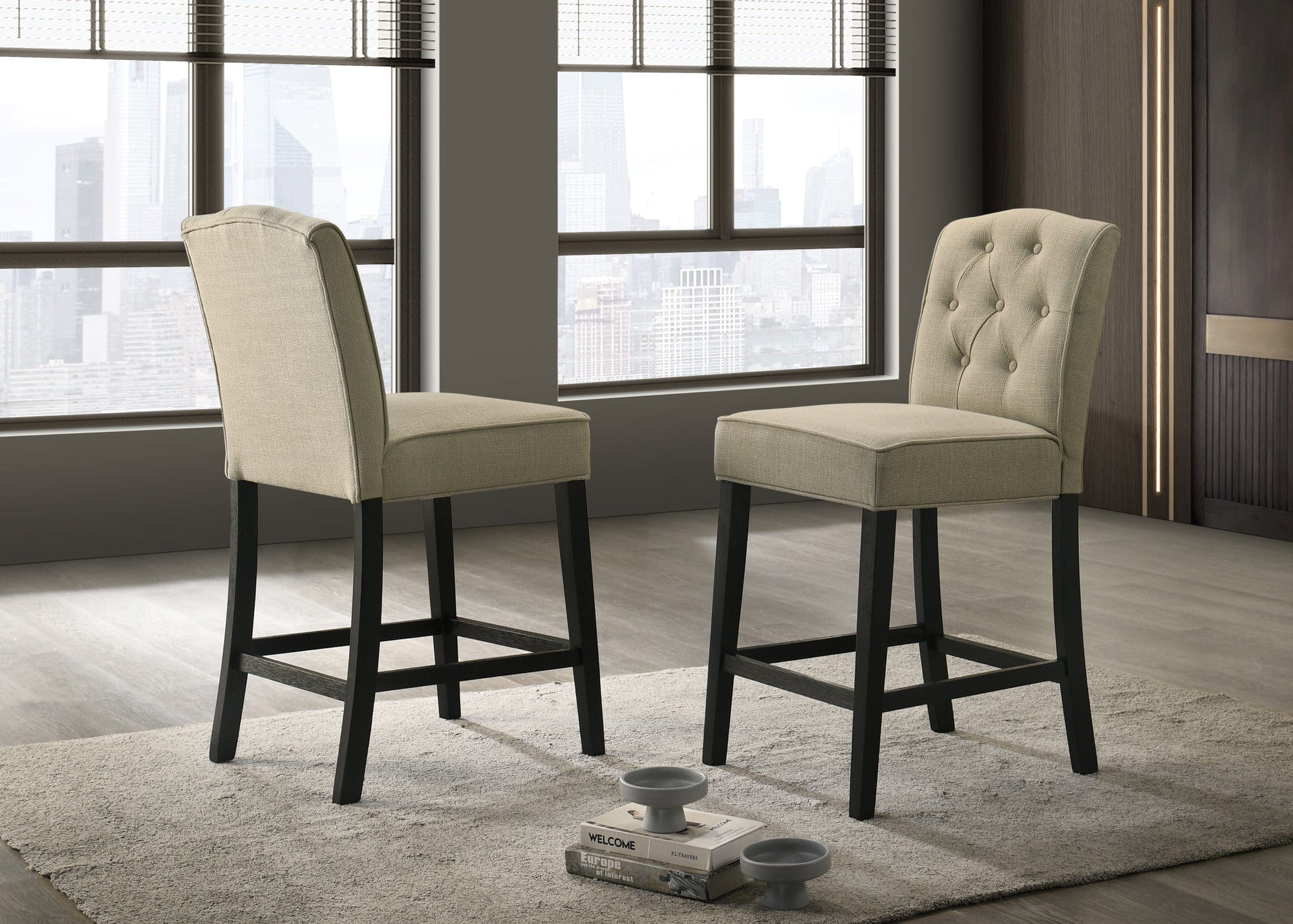 Willow & Hearth Jasper Set of 2 Beige Fabric Counter Height Chairs with Black Finish Legs