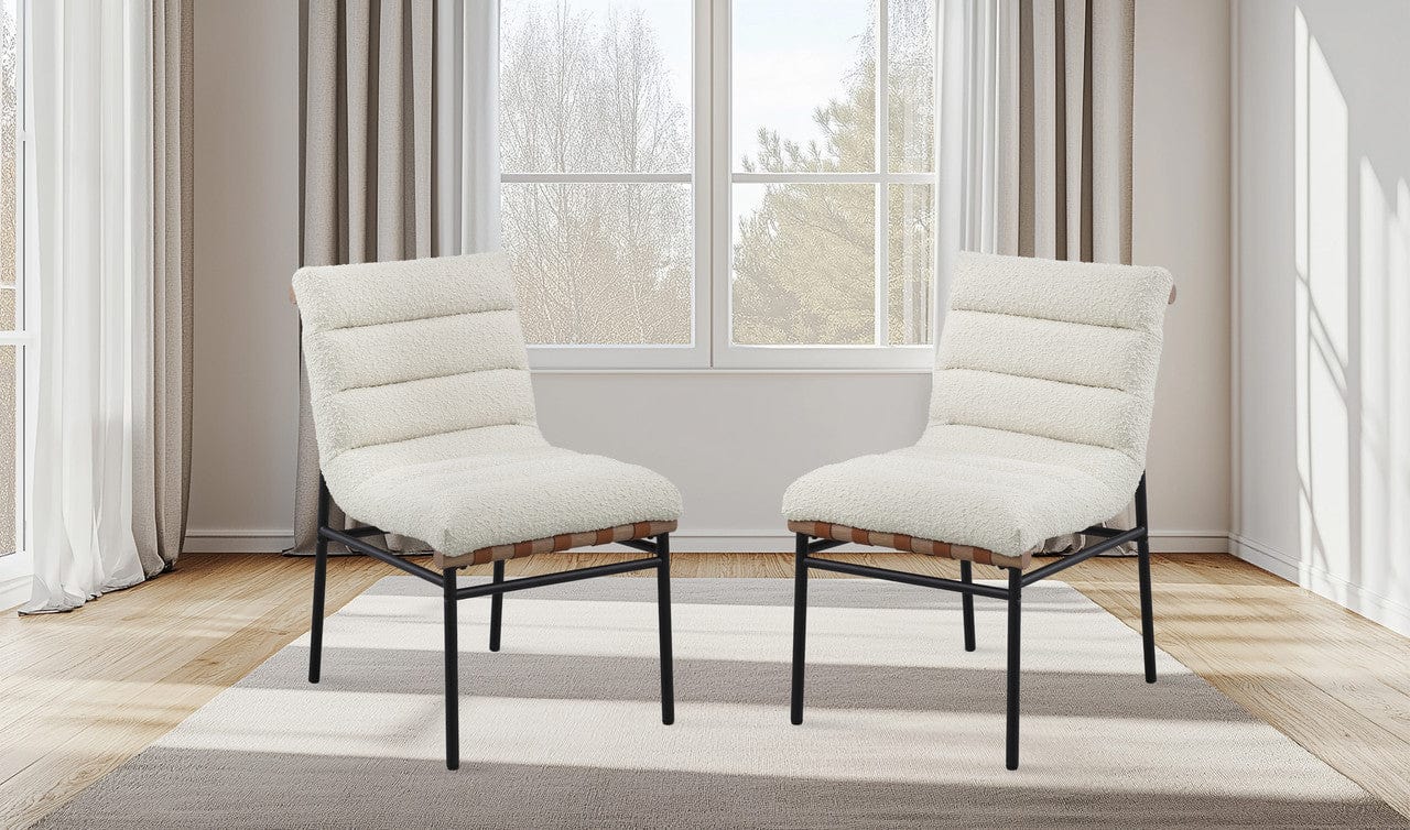 Willow & Hearth Lahni White Boucle Fabric Set of 2 Dining Chair with Black Iron Legs