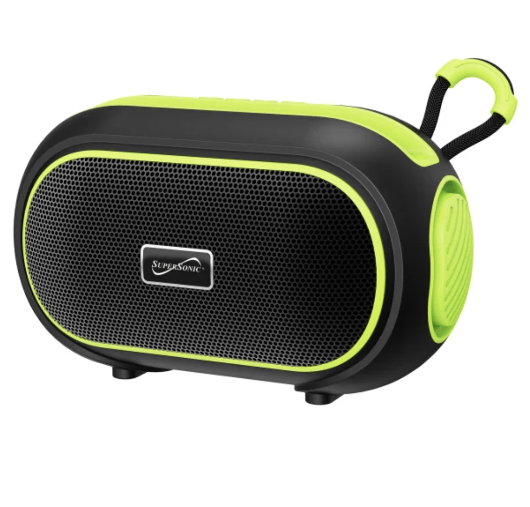 Supersonic 7-Watt-RMS VIBE!! DOCK Portable Bluetooth Rechargeable Speaker with Phone Holder, TWS, FM, USB/microSD Inputs, Strap, Green