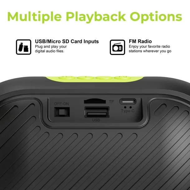 Supersonic 7-Watt-RMS VIBE!! DOCK Portable Bluetooth Rechargeable Speaker with Phone Holder, TWS, FM, USB/microSD Inputs, Strap, Green