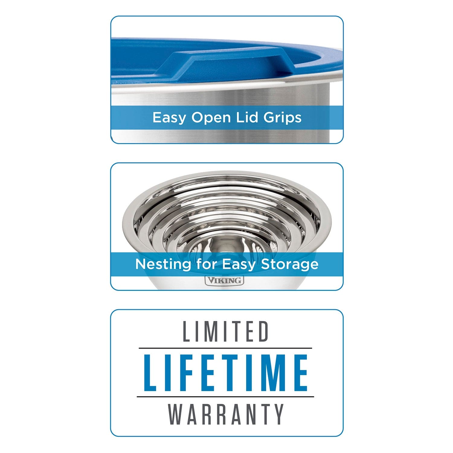 Viking 10-pc Stainless Steel Mixing Bowl Set with Lids and Silicone Nonslip Base, Blue