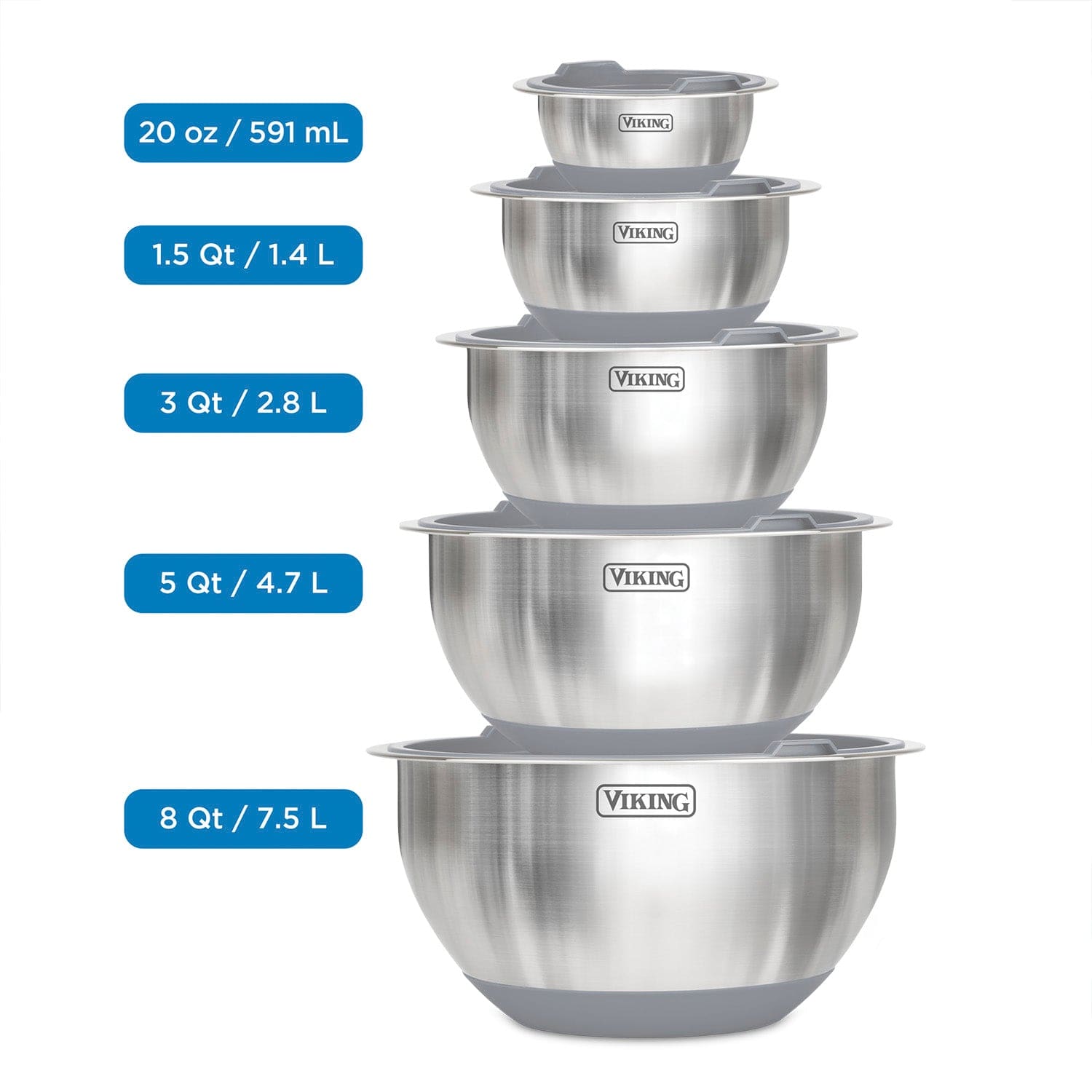 Viking 10-pc Stainless Steel Mixing Bowl Set with Lids and Silicone Nonslip Base, Grey