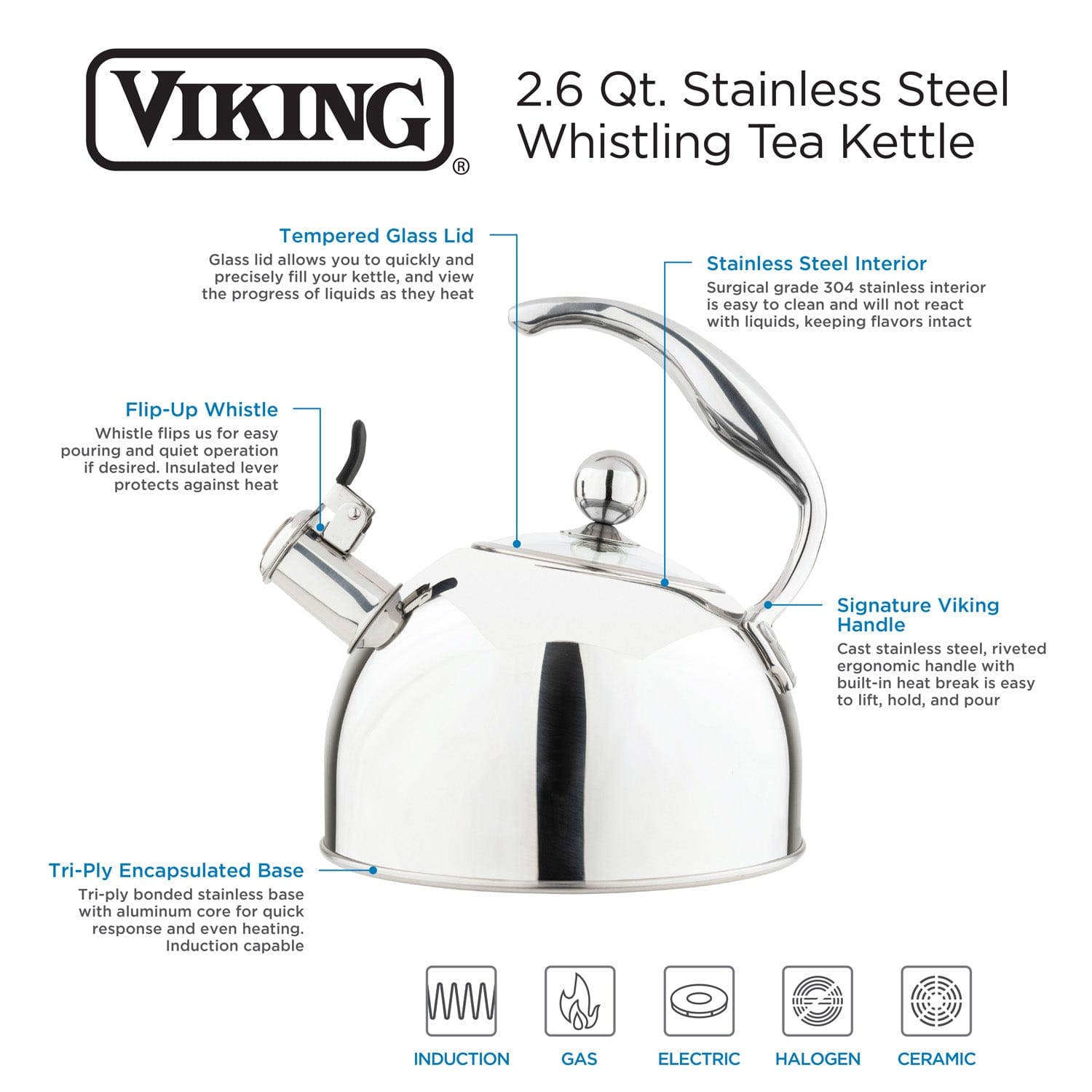 Viking 2.6-qt Stainless Steel Whistling Kettle with 3-Ply Base, Mirror Finish