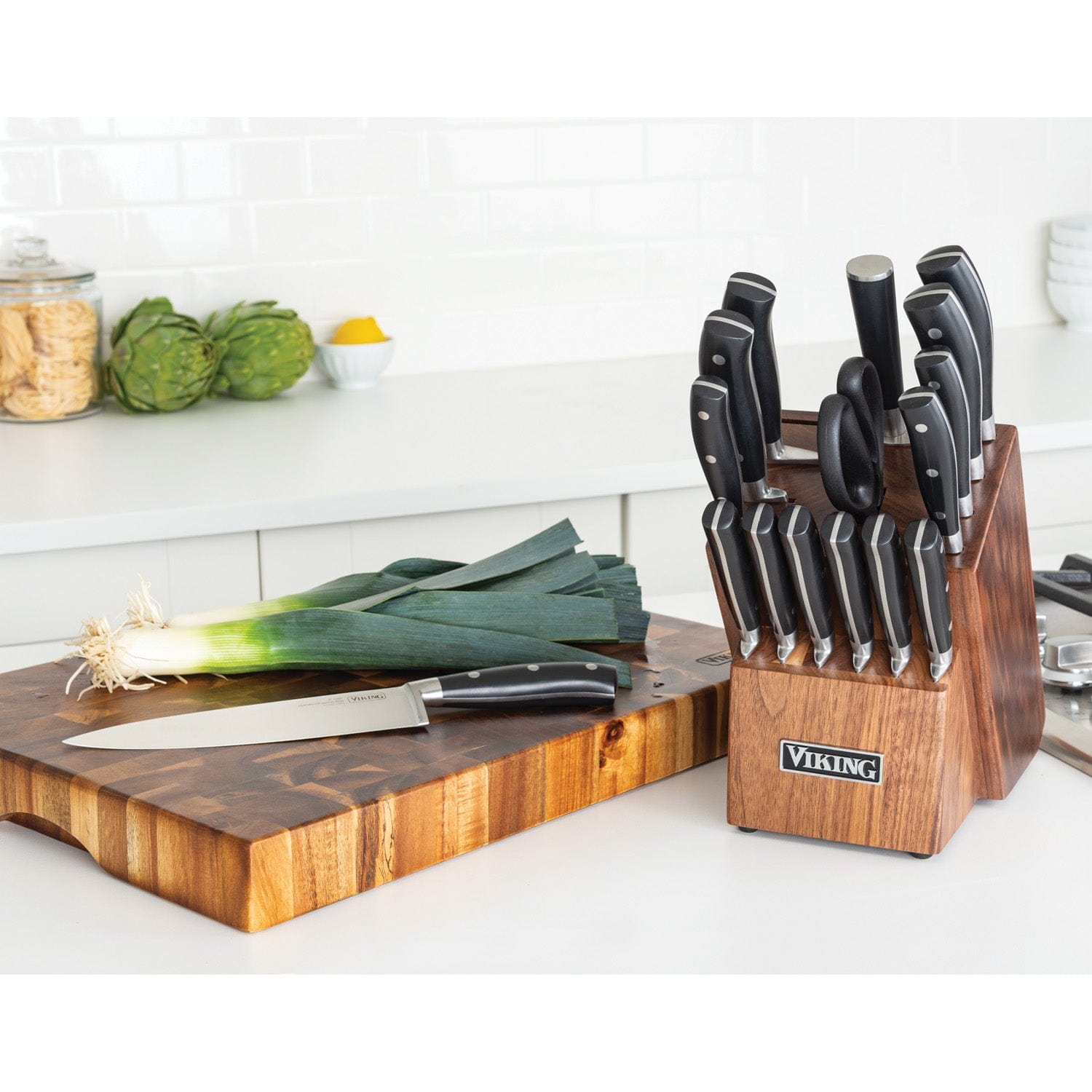 Viking 17-pc Stainless Steel Cutlery Set, Light Walnut Color Block