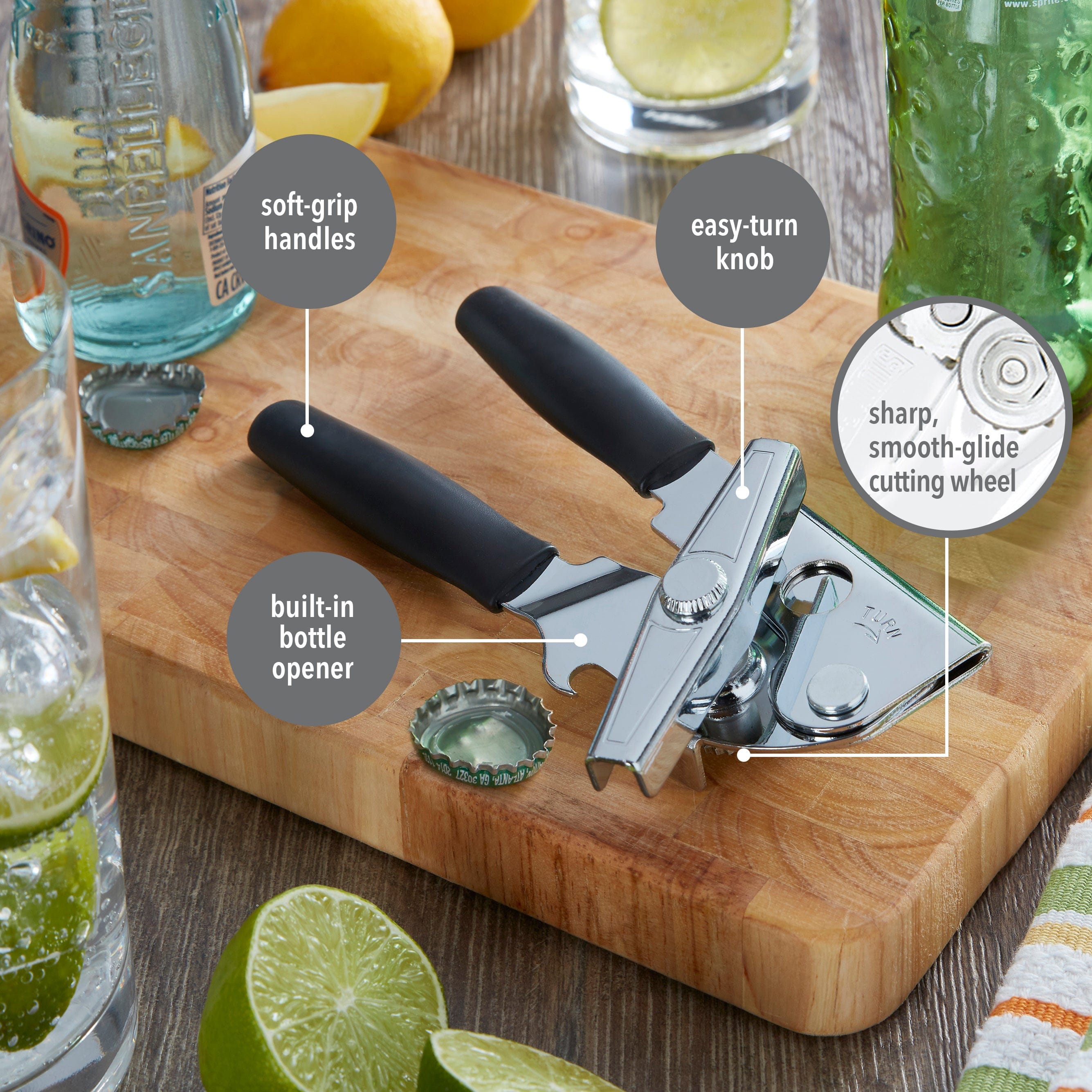 Swing-A-Way Portable Can Opener, Handle for Optimal Comfort, Built-in Bottle Opener, Black