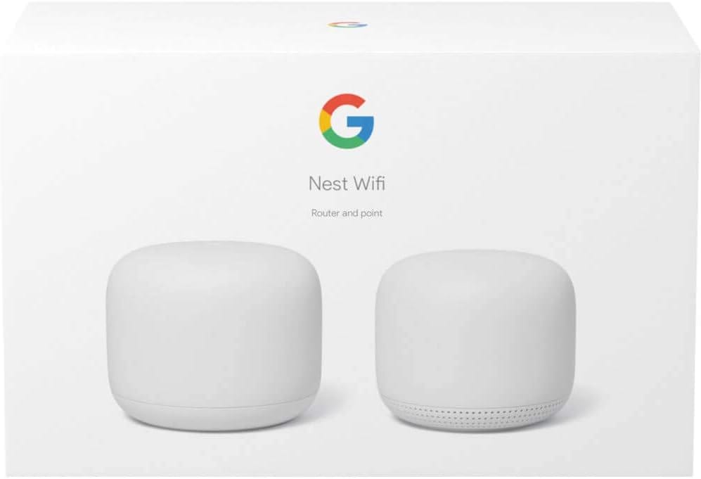 Google Nest WiFi Router with 1 Point, Mesh Wi-Fi Extender, Smart Speaker, Works with Google Home, 3800 Sq. Ft. Coverage Area, 2-Pack, Snow