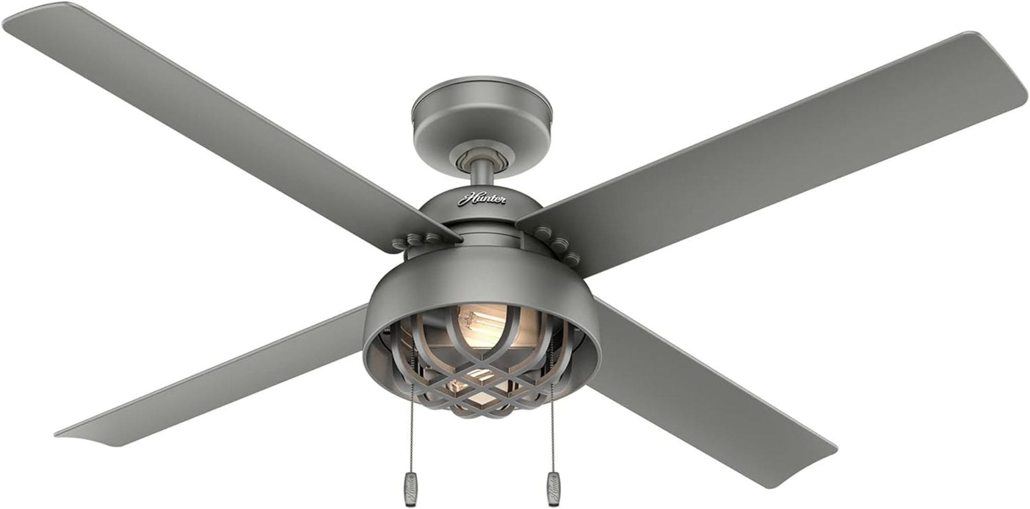 Hunter Fans 52" Spring Mill Indoor Outdoor Industrial Cage Style Ceiling Fan with Edison LED Light & Pull Chain, Matte Silver