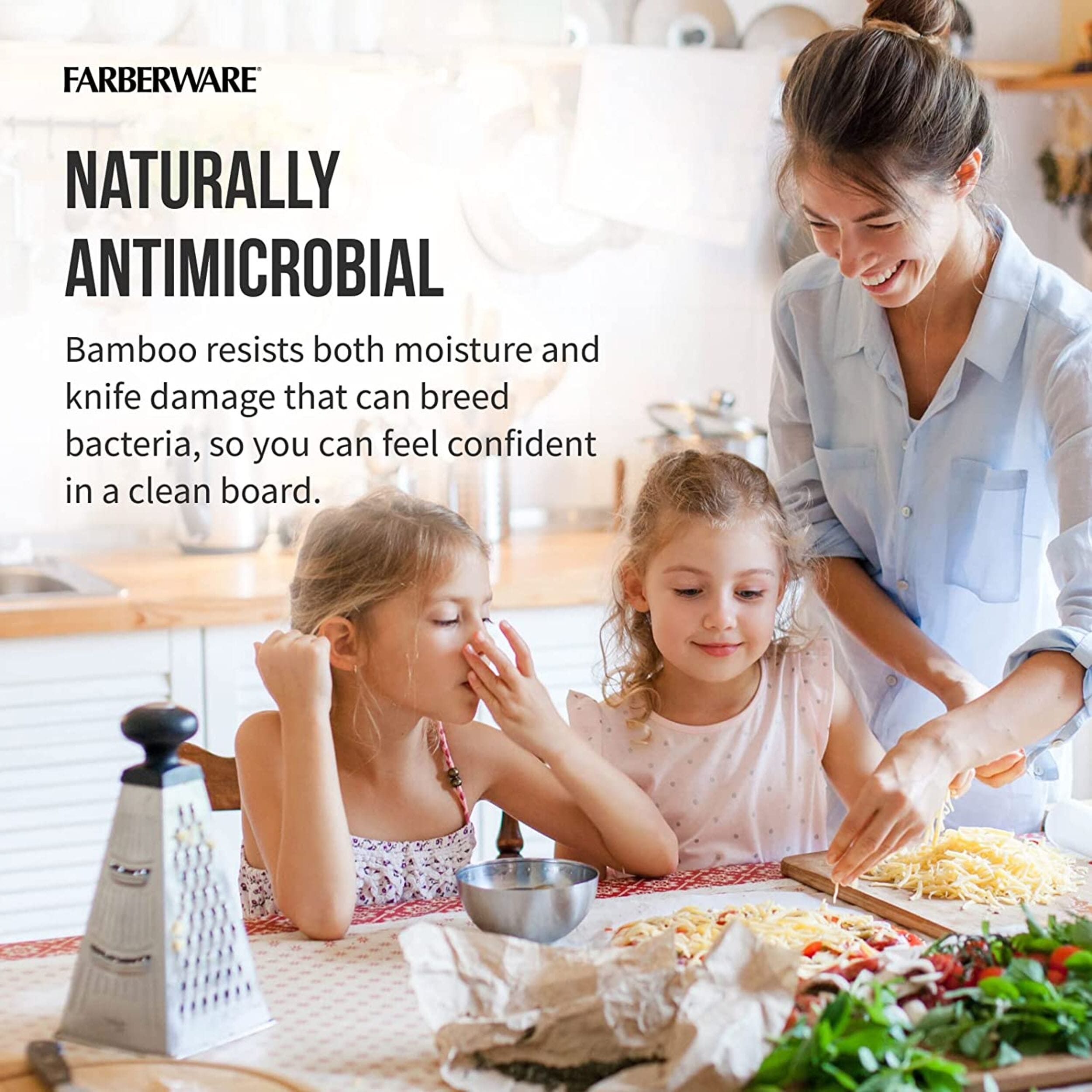 Farberware 3-Piece Kitchen Cutting Board Set, Reversible for Meal Prep + Serving, Charcuterie Board, Assorted Sizes, Bamboo