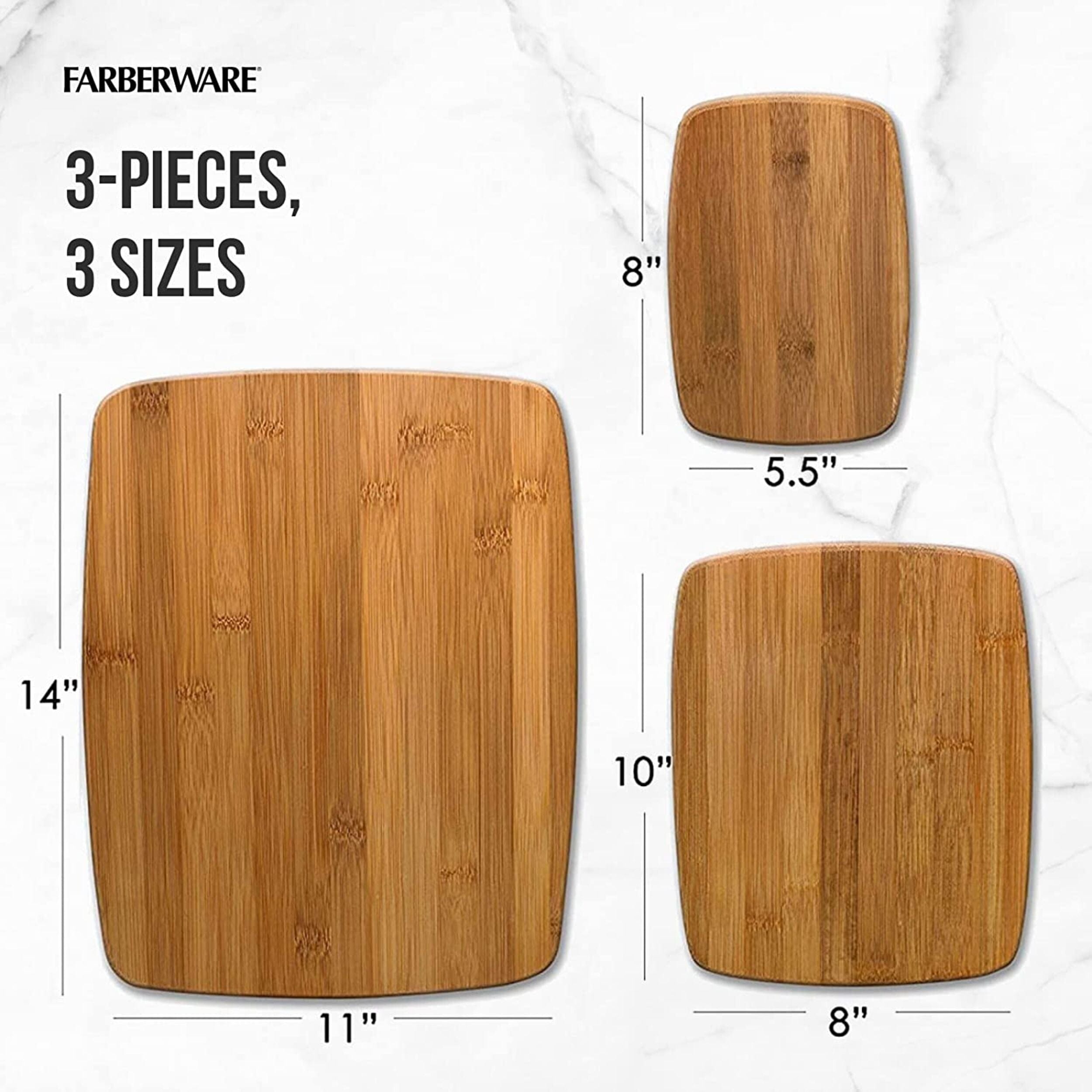 Farberware 3-Piece Kitchen Cutting Board Set, Reversible for Meal Prep + Serving, Charcuterie Board, Assorted Sizes, Bamboo