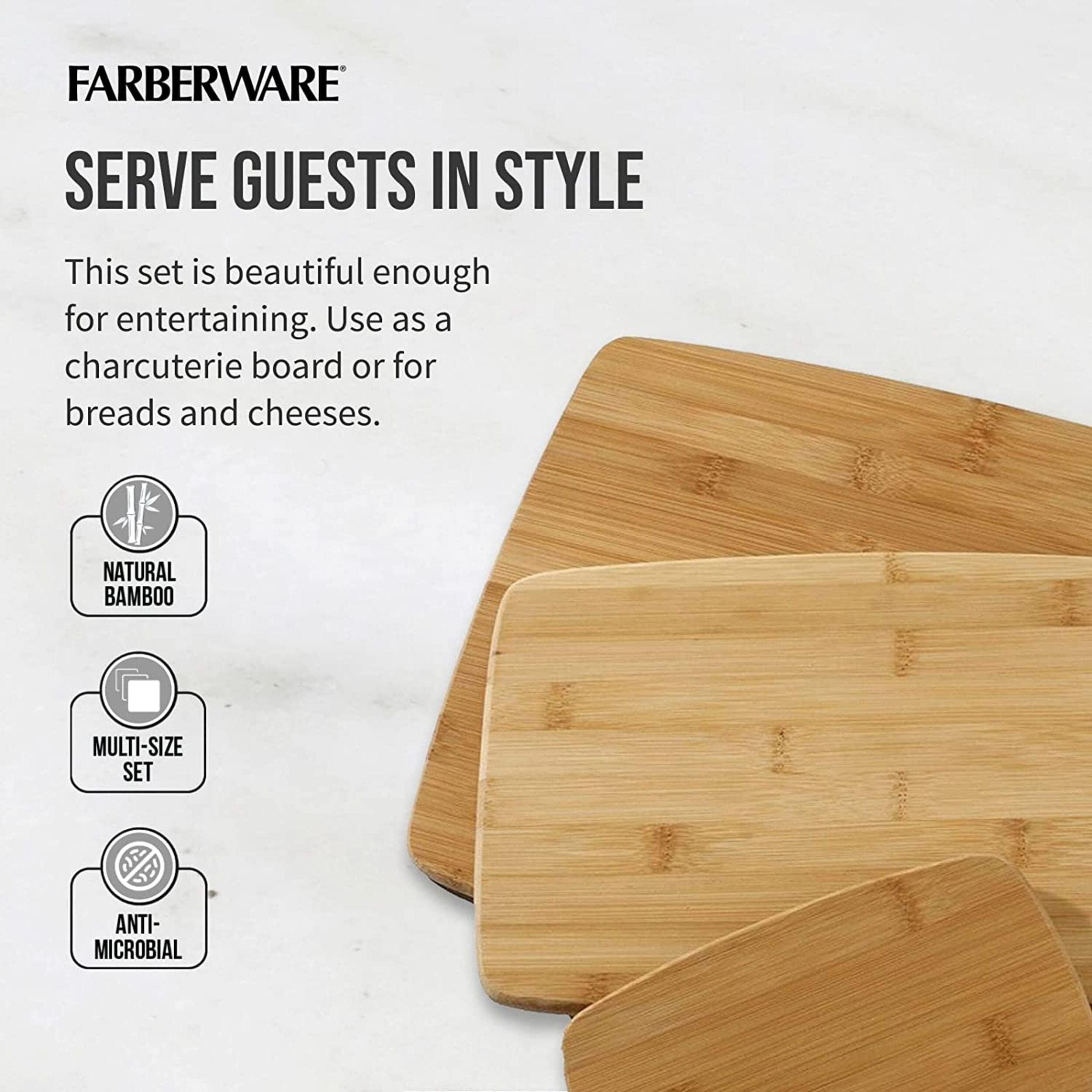 Farberware 3-Piece Kitchen Cutting Board Set, Reversible for Meal Prep + Serving, Charcuterie Board, Assorted Sizes, Bamboo