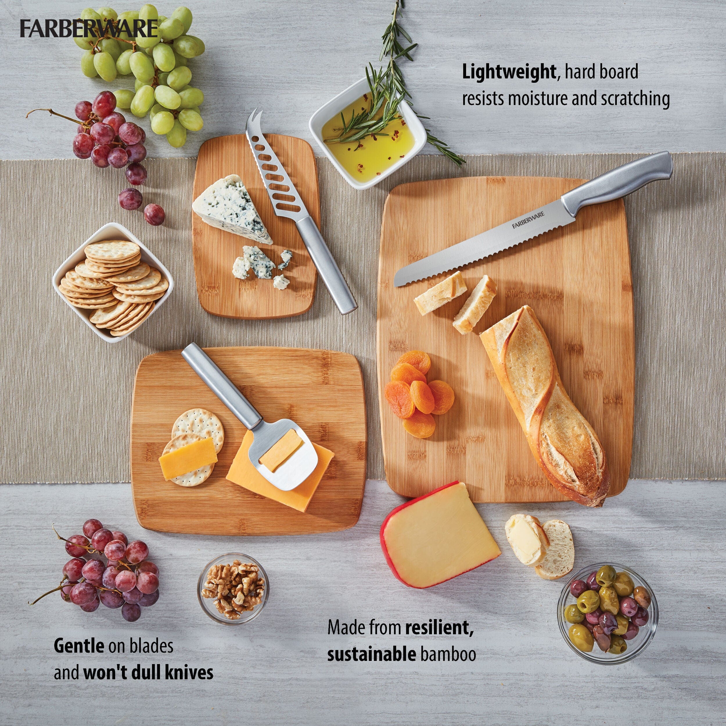 Farberware 3-Piece Kitchen Cutting Board Set, Reversible for Meal Prep + Serving, Charcuterie Board, Assorted Sizes, Bamboo