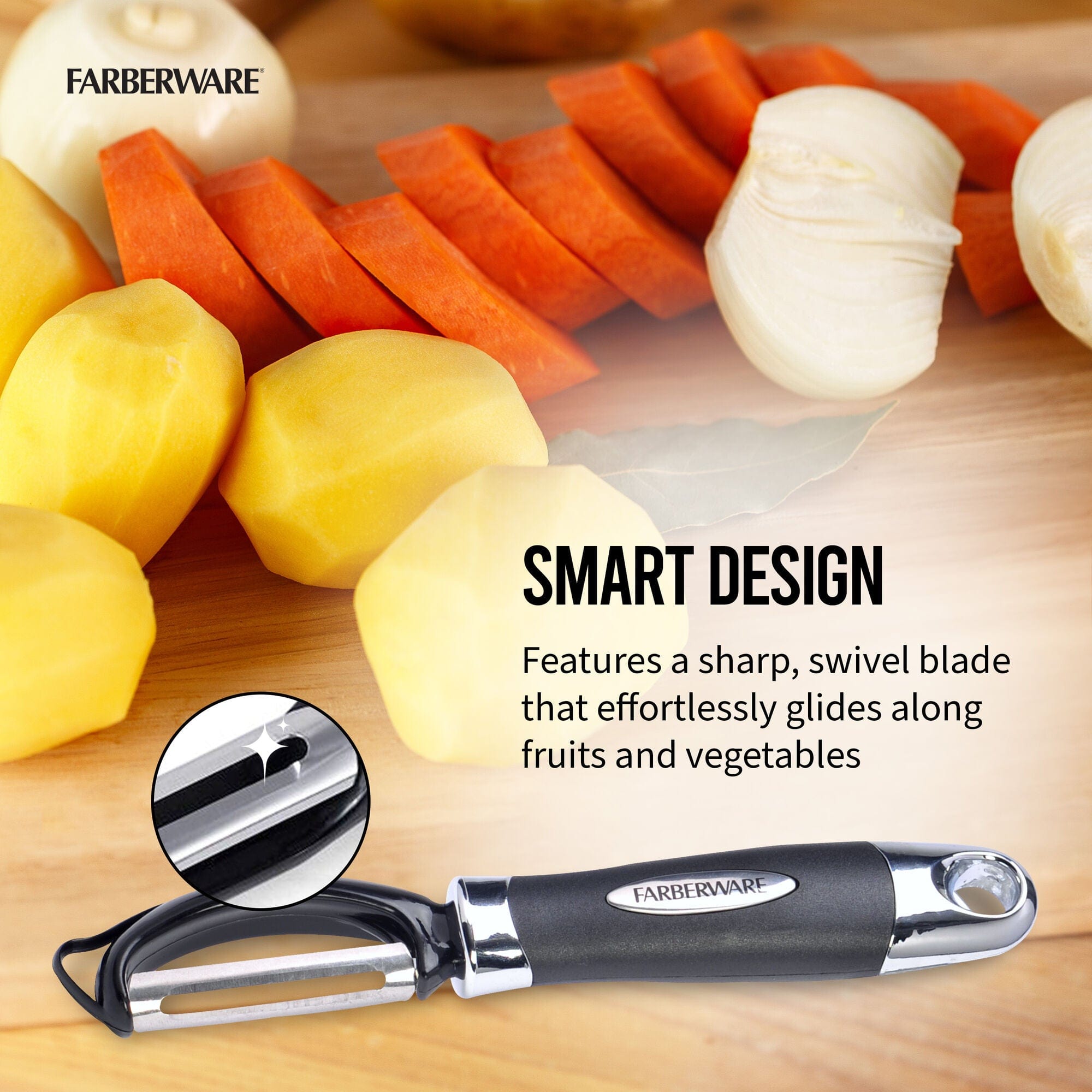 Farberware Euro Peeler, Kitchen Essential for Peeling of Produce, Chocolate + Cheeses, Hang-Hole for Easy Storage, Dishwasher Safe, Black