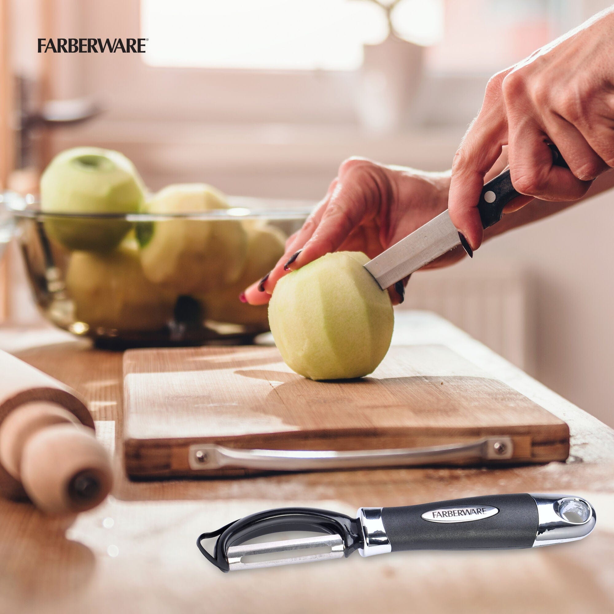 Farberware Euro Peeler, Kitchen Essential for Peeling of Produce, Chocolate + Cheeses, Hang-Hole for Easy Storage, Dishwasher Safe, Black