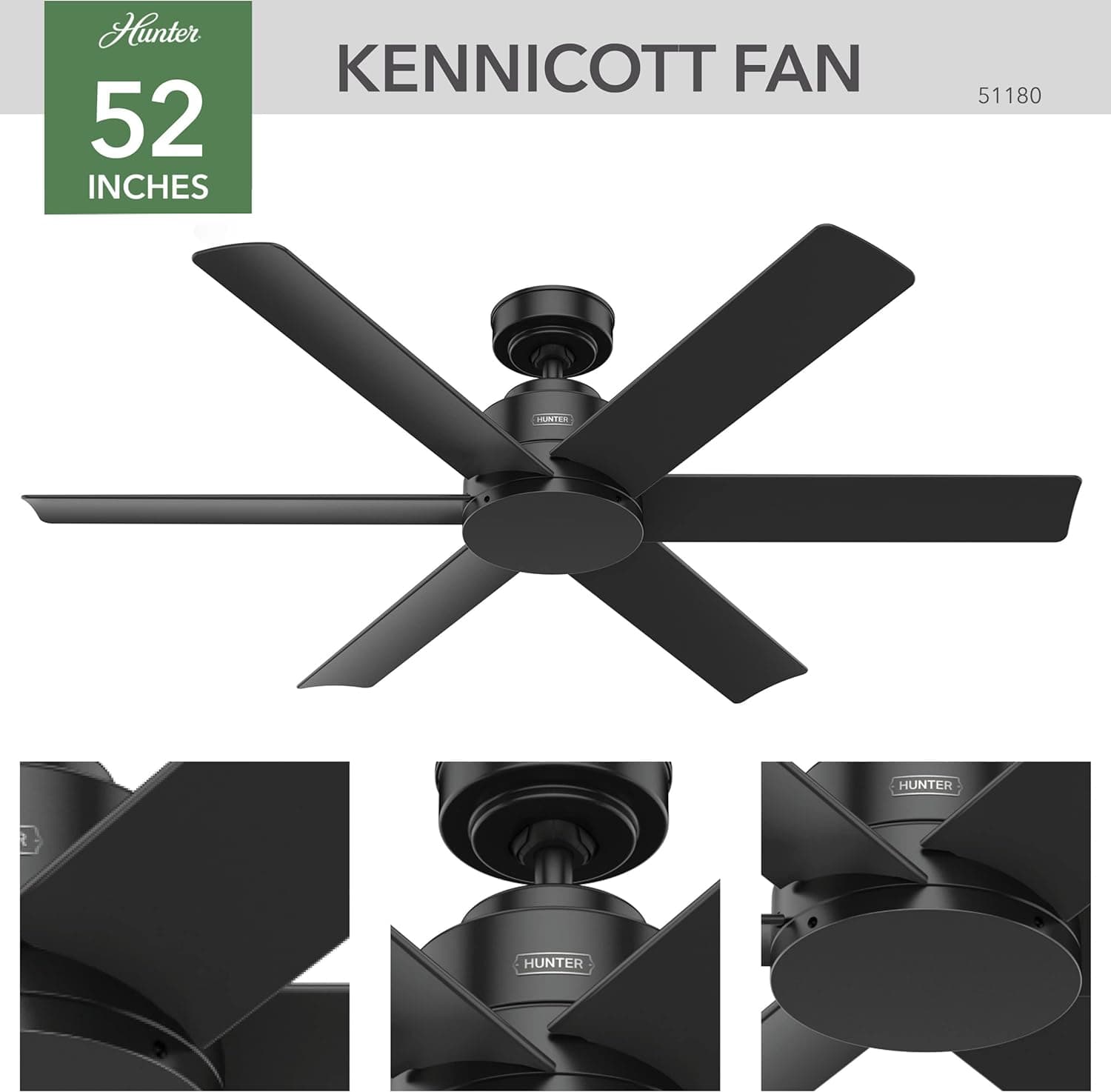Hunter Fans 52" Kennicott Industrial Style Outdoor Patio SureSpeed Ceiling Fan with Wall Control, Matte Black