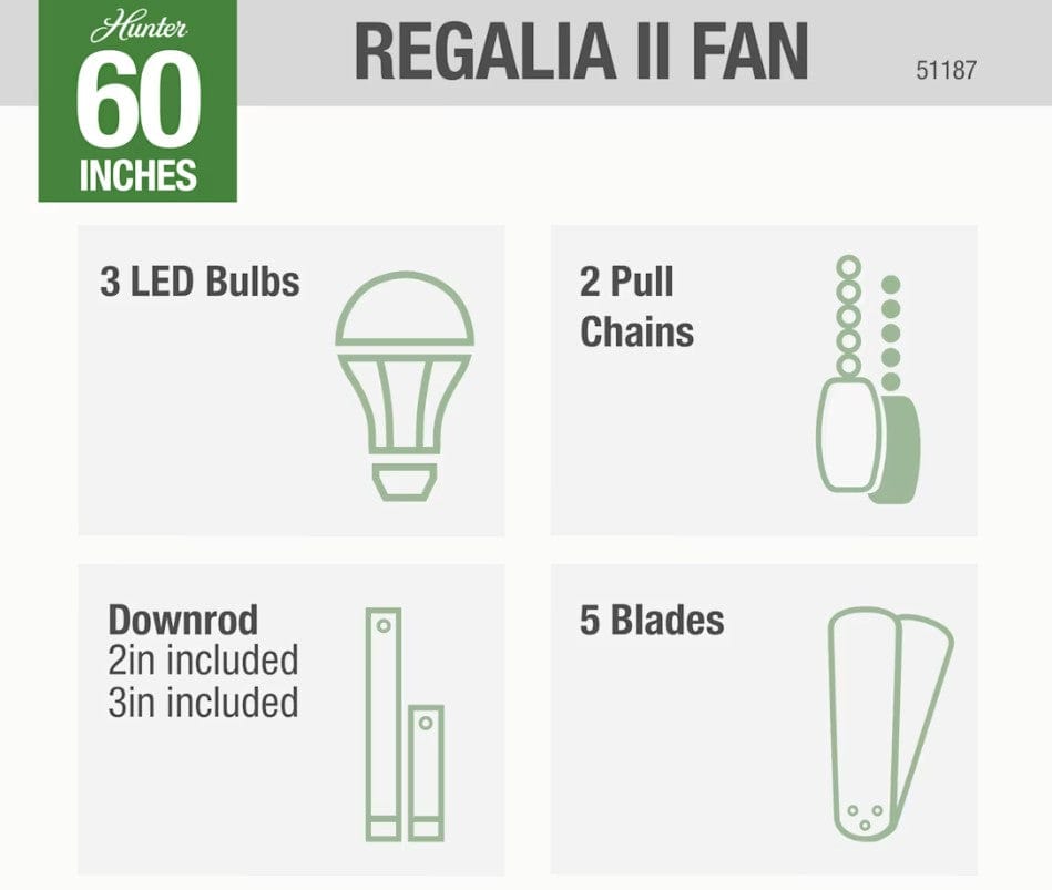 Hunter Fans 60" Regalia II SureSpeed Whisper Quiet Ceiling Fan with LED Light, Fresh White