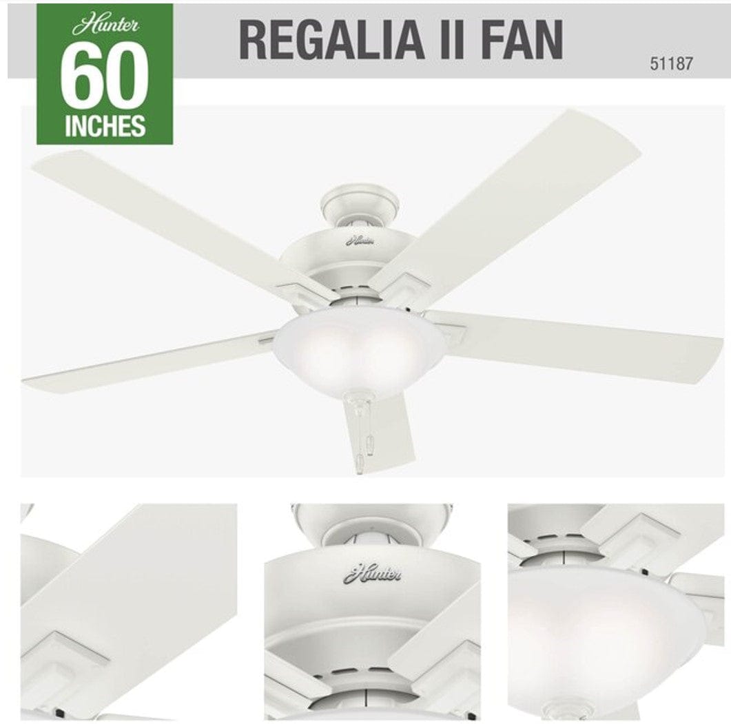 Hunter Fans 60" Regalia II SureSpeed Whisper Quiet Ceiling Fan with LED Light, Fresh White