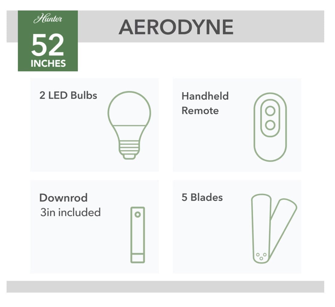 Hunter Fans 52" Aerodyne SureSpeed SimpleConnect Smart Ceiling Fan with LED Light + Remote, Matte Black