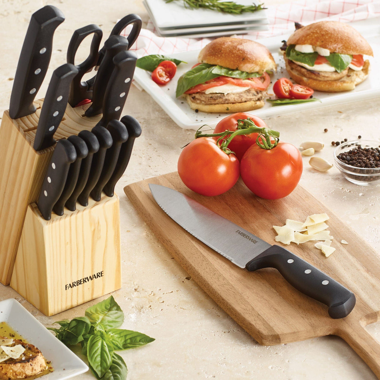 Farberware 22-Piece Never Needs Sharpening Triple Rivet High-Carbon Stainless Steel Knife Block Set, Black