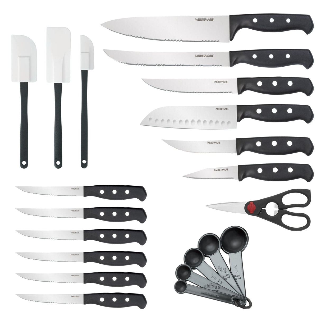 Farberware 22-Piece Never Needs Sharpening Triple Rivet High-Carbon Stainless Steel Knife Block Set, Black