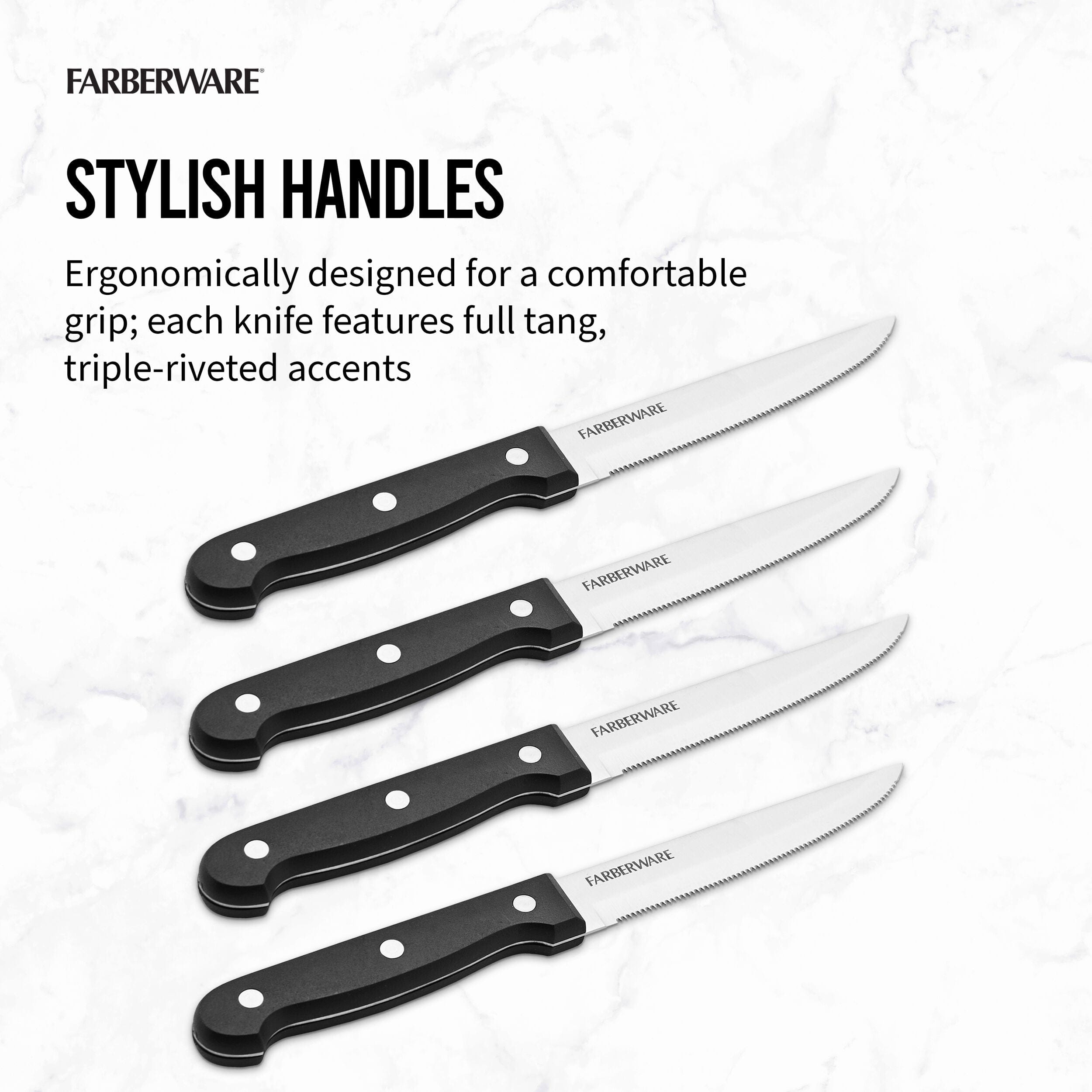 Farberware Full-Tang Triple Rivet 'Never Needs Sharpening' Stainless Steel Steak Knife Set, 4 Piece, Black