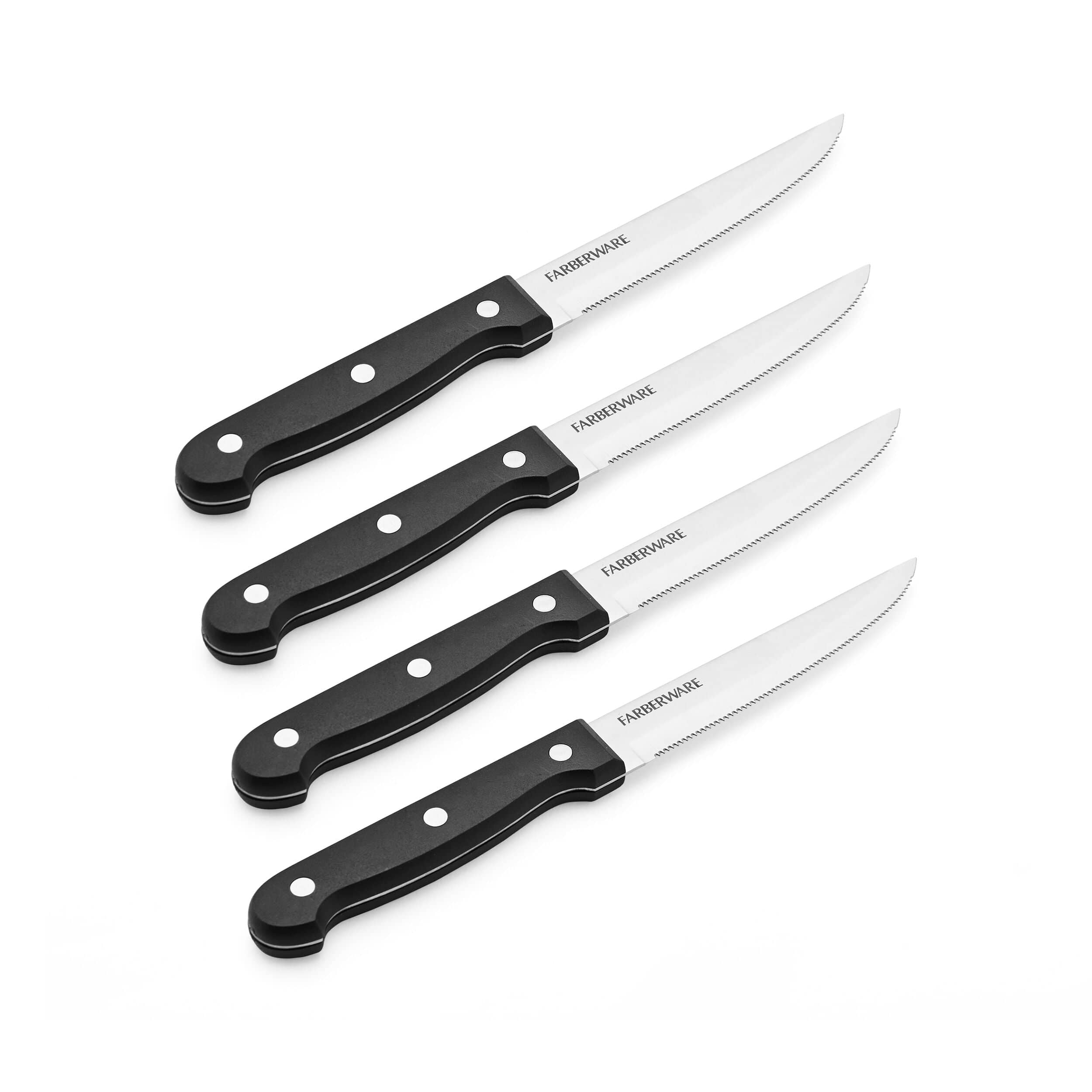 Farberware Full-Tang Triple Rivet 'Never Needs Sharpening' Stainless Steel Steak Knife Set, 4 Piece, Black