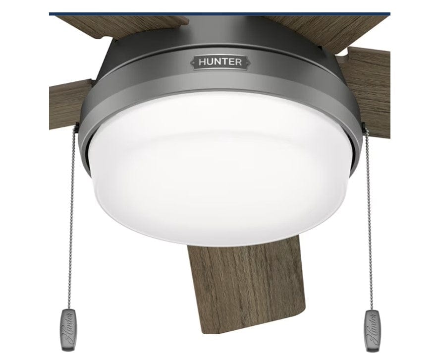 Hunter Fans 44" Locke Ceiling Fan with LED Light, Pull Chain Control, Matte Silver, Warm Grey Oak Blades