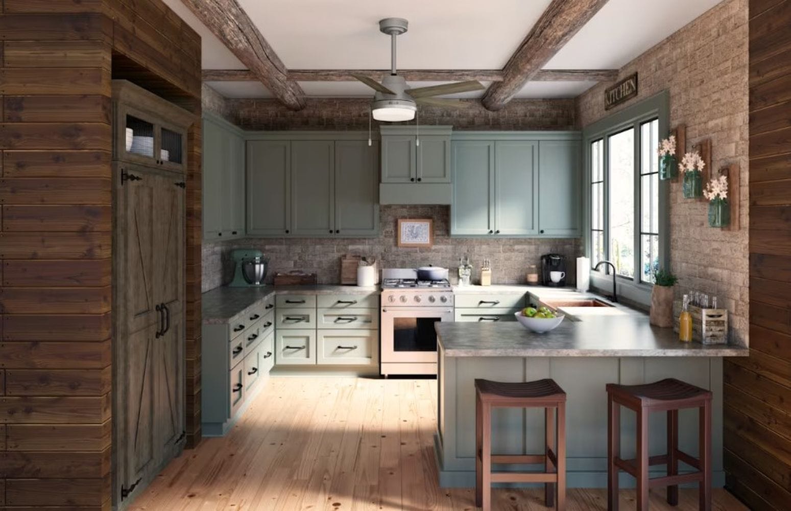 Hunter Fans 44" Locke Ceiling Fan with LED Light, Pull Chain Control, Matte Silver, Warm Grey Oak Blades