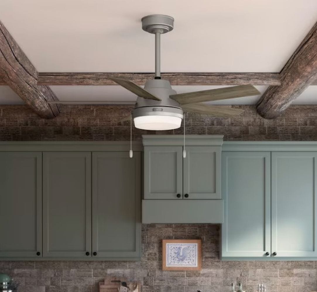 Hunter Fans 44" Locke Ceiling Fan with LED Light, Pull Chain Control, Matte Silver, Warm Grey Oak Blades