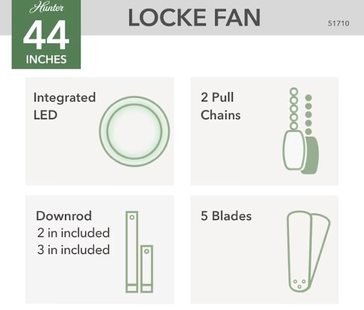 Hunter Fans 44" Locke Ceiling Fan with LED Light, Pull Chain Control, Matte Silver, Warm Grey Oak Blades