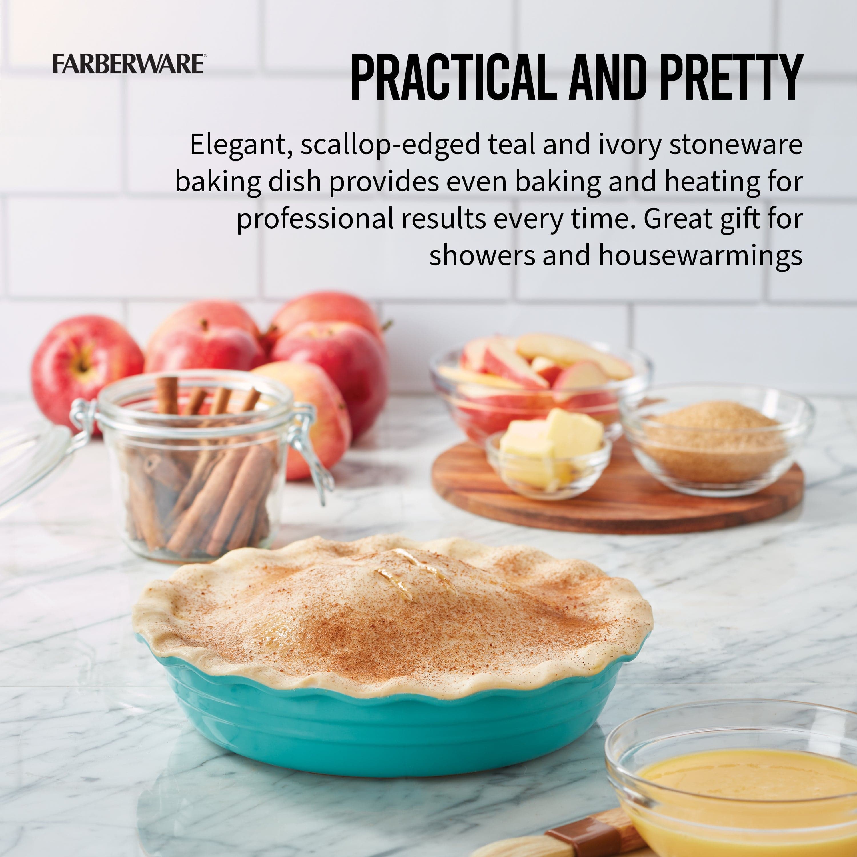 Farberware Bakers Advantage Durable Stoneware Ceramic Pie Dish, Ideal for Sweet + Savory Dishes, 10 Inch, Teal