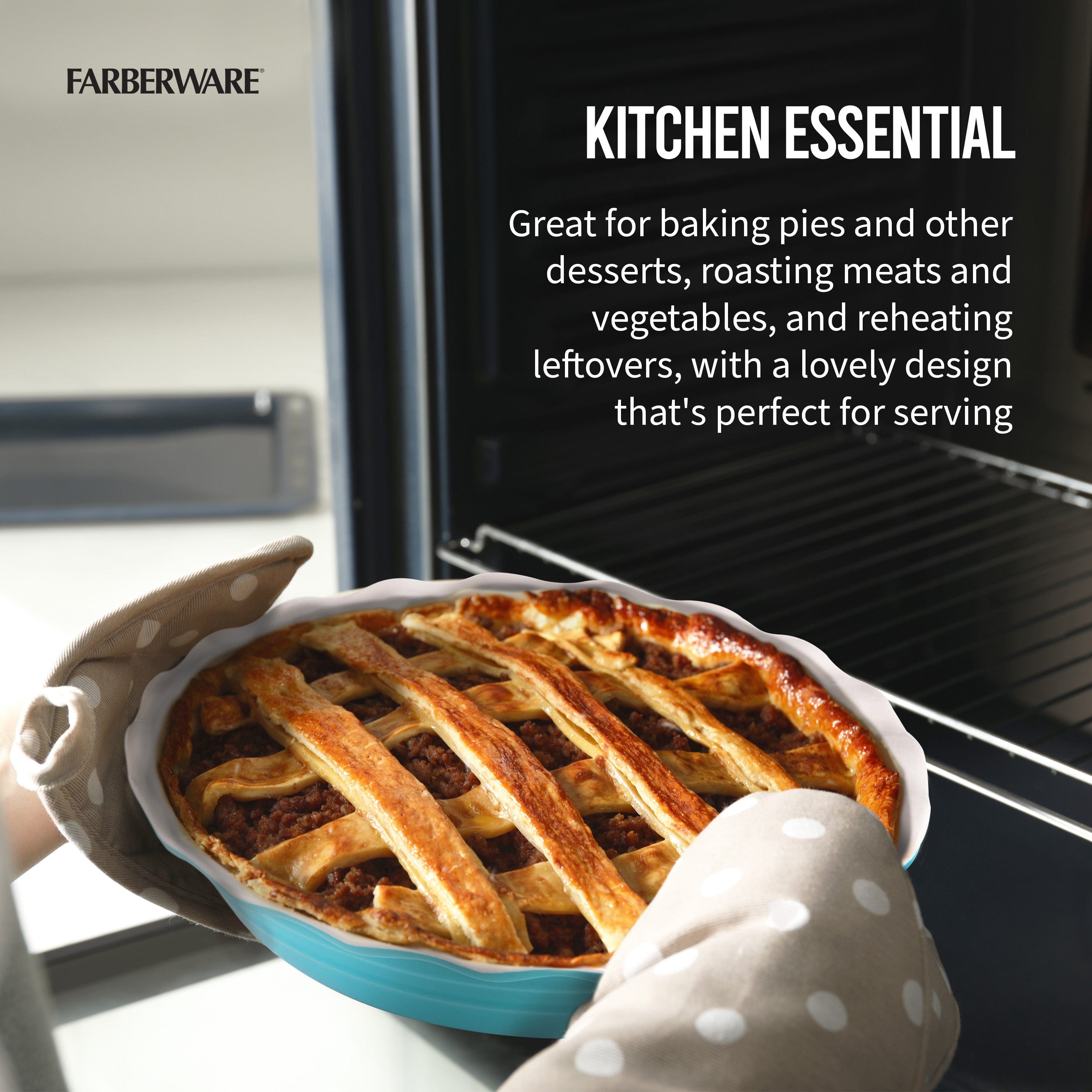 Farberware Bakers Advantage Durable Stoneware Ceramic Pie Dish, Ideal for Sweet + Savory Dishes, 10 Inch, Teal