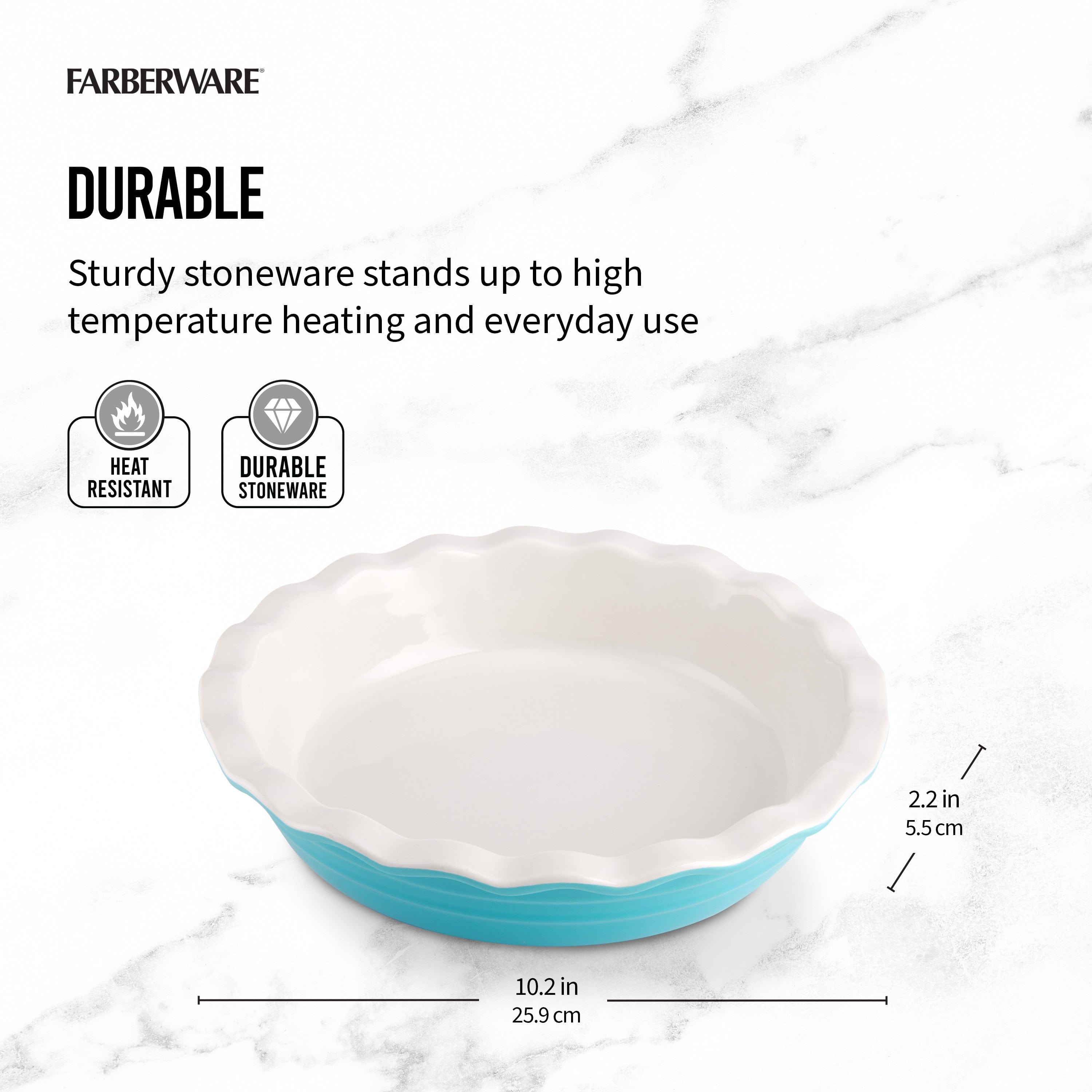 Farberware Bakers Advantage Durable Stoneware Ceramic Pie Dish, Ideal for Sweet + Savory Dishes, 10 Inch, Teal