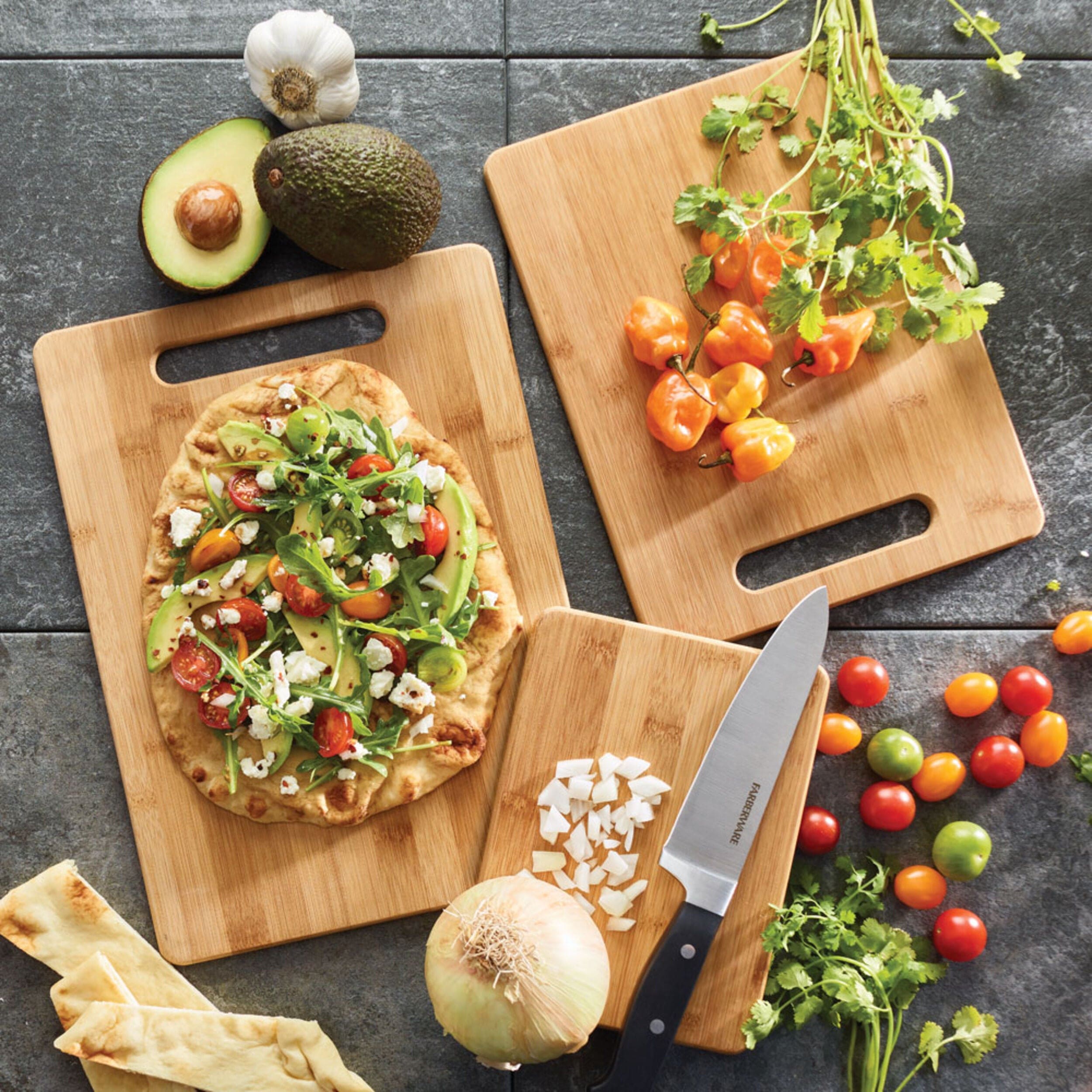 Farberware 3-Piece Wood Cutting Board Set, Reversible for Meal Prep + Serving, Charcuterie Boards, Built-in Handles, Set of 3, Bamboo