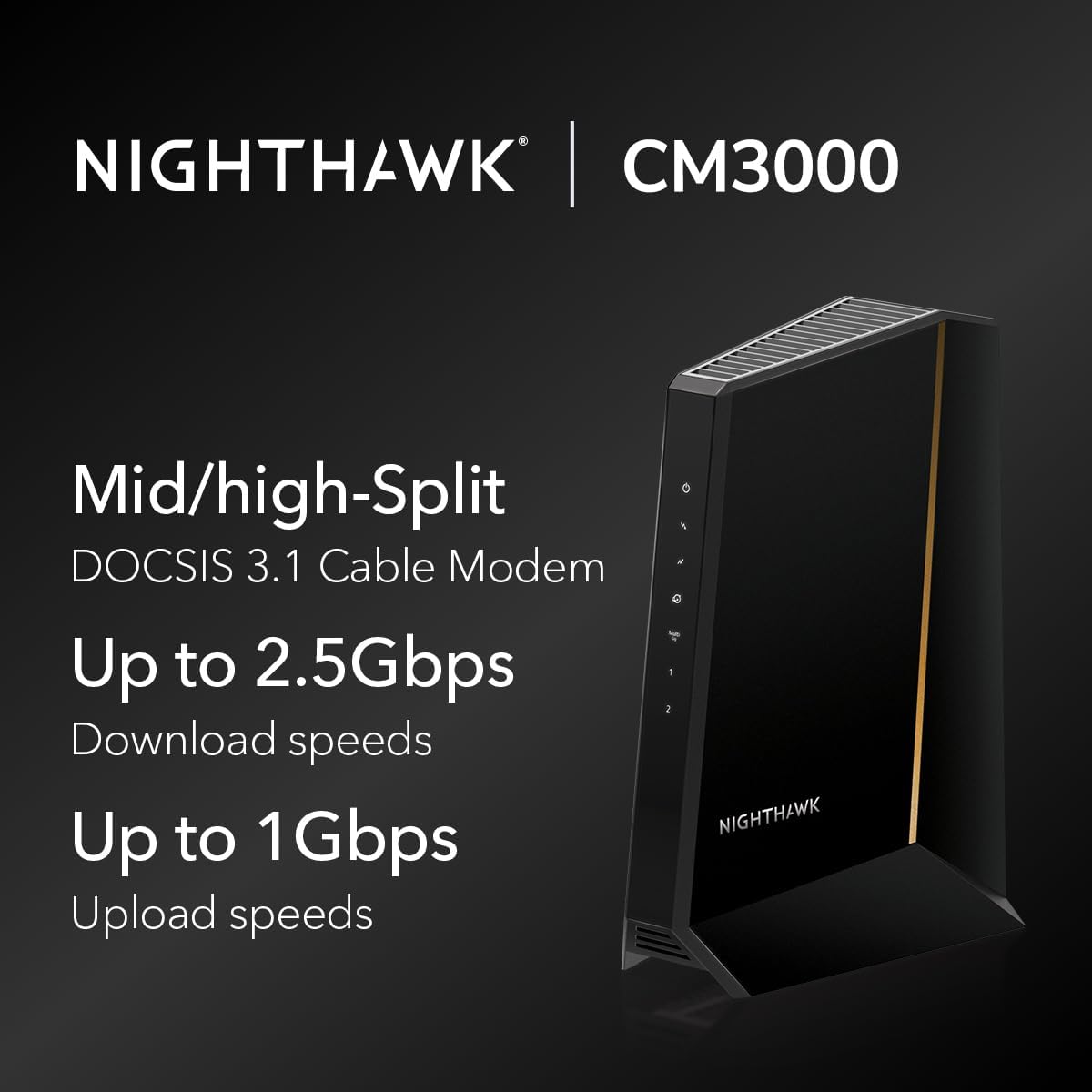 Netgear CM3000 Nighthawk DOCSIS 3.1 Mid/high-Split Cable Modem, Up to 2.5Gbps, Black - Certified Refurbished