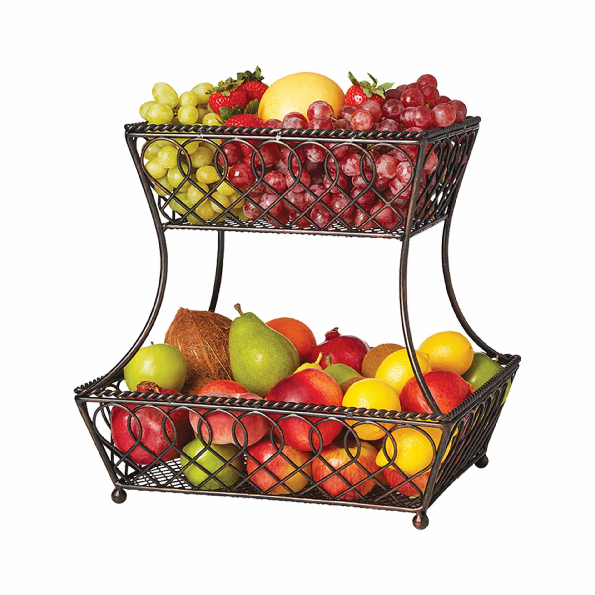 Gourmet Basics by Mikasa Loop and Lattice 2-Tier Round Metal Countertop Basket, Antique Black, 14-Inch