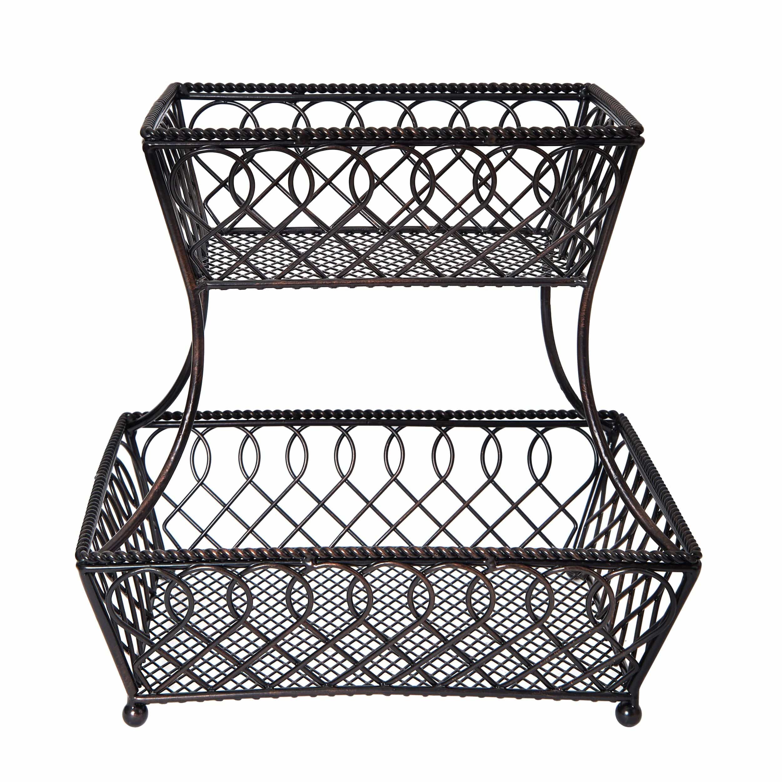 Gourmet Basics by Mikasa Loop and Lattice 2-Tier Round Metal Countertop Basket, Antique Black, 14-Inch
