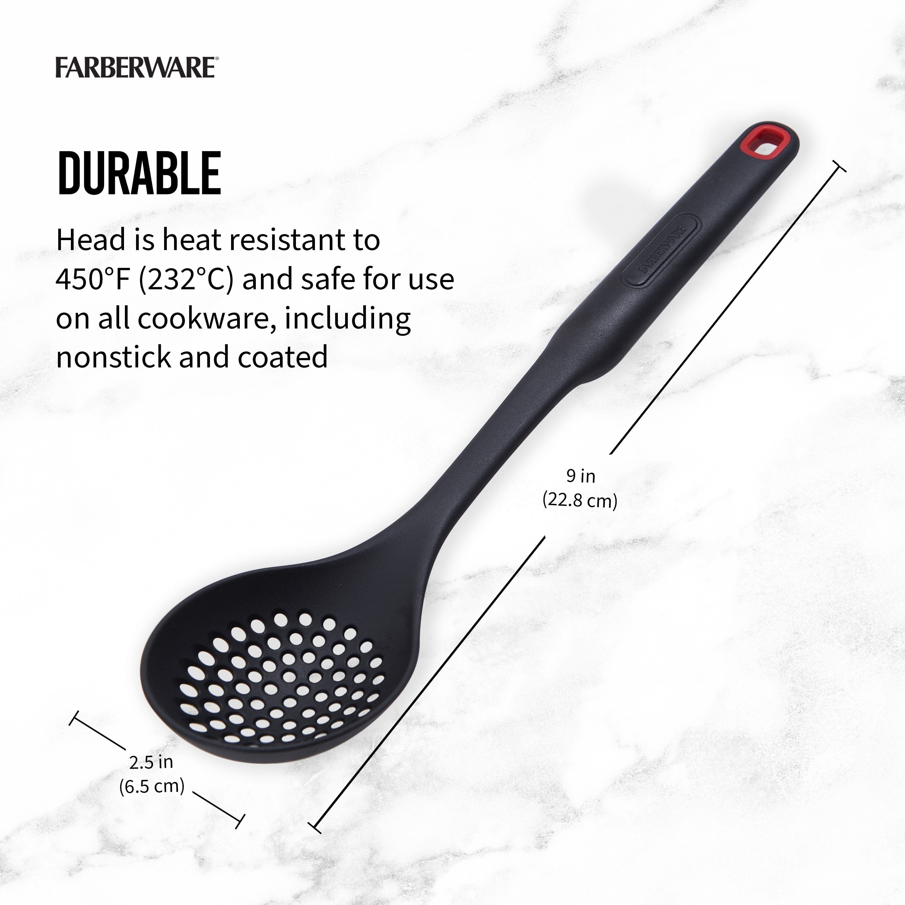Farberware Slotted Spoon for Draining Liquids and Oils While Cooking and Serving, Heat Resistant, Safe on All Cookware, Dishwasher Safe