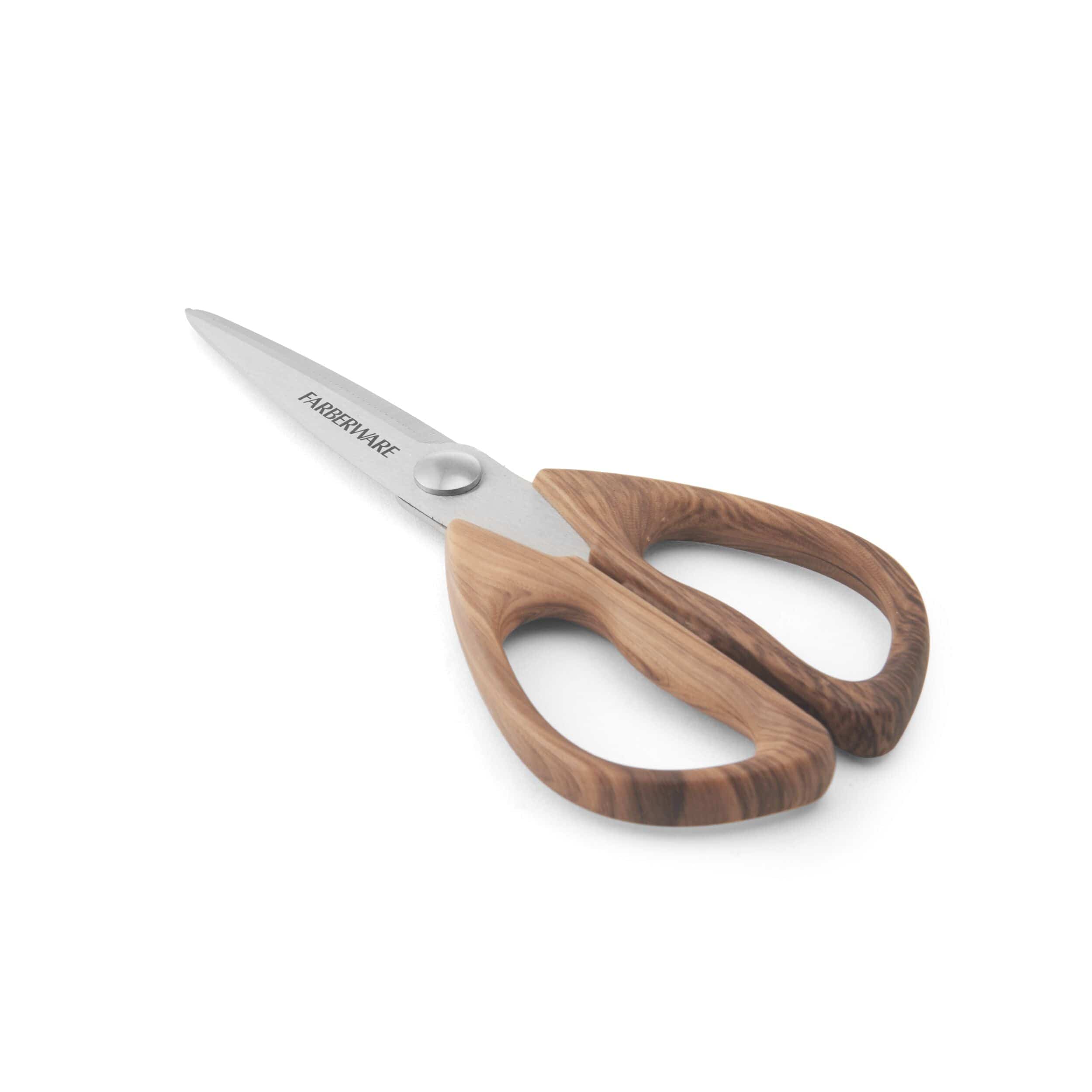 Farberware All-Purpose Kitchen Scissors, Faux Pecan Wood Handles, High Carbon Stainless Steel Kitchen Shears with Razor-Sharp Blades, Brown