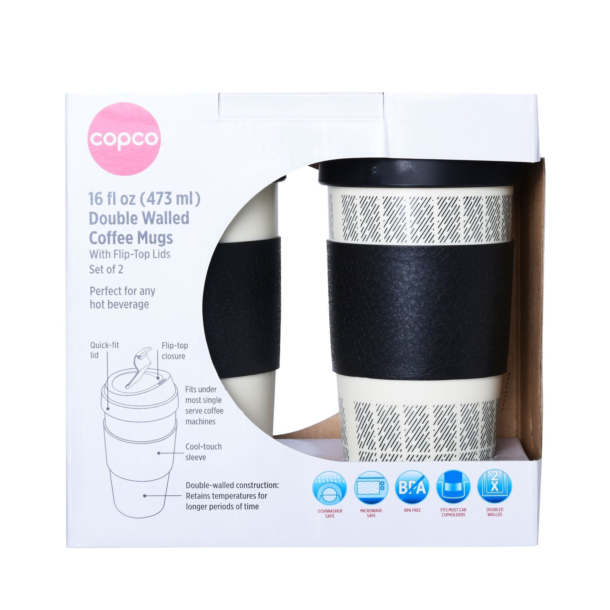 Copco Reusable, Insulated Double Wall Travel Mugs 16-ounce White/Black , Set of 2