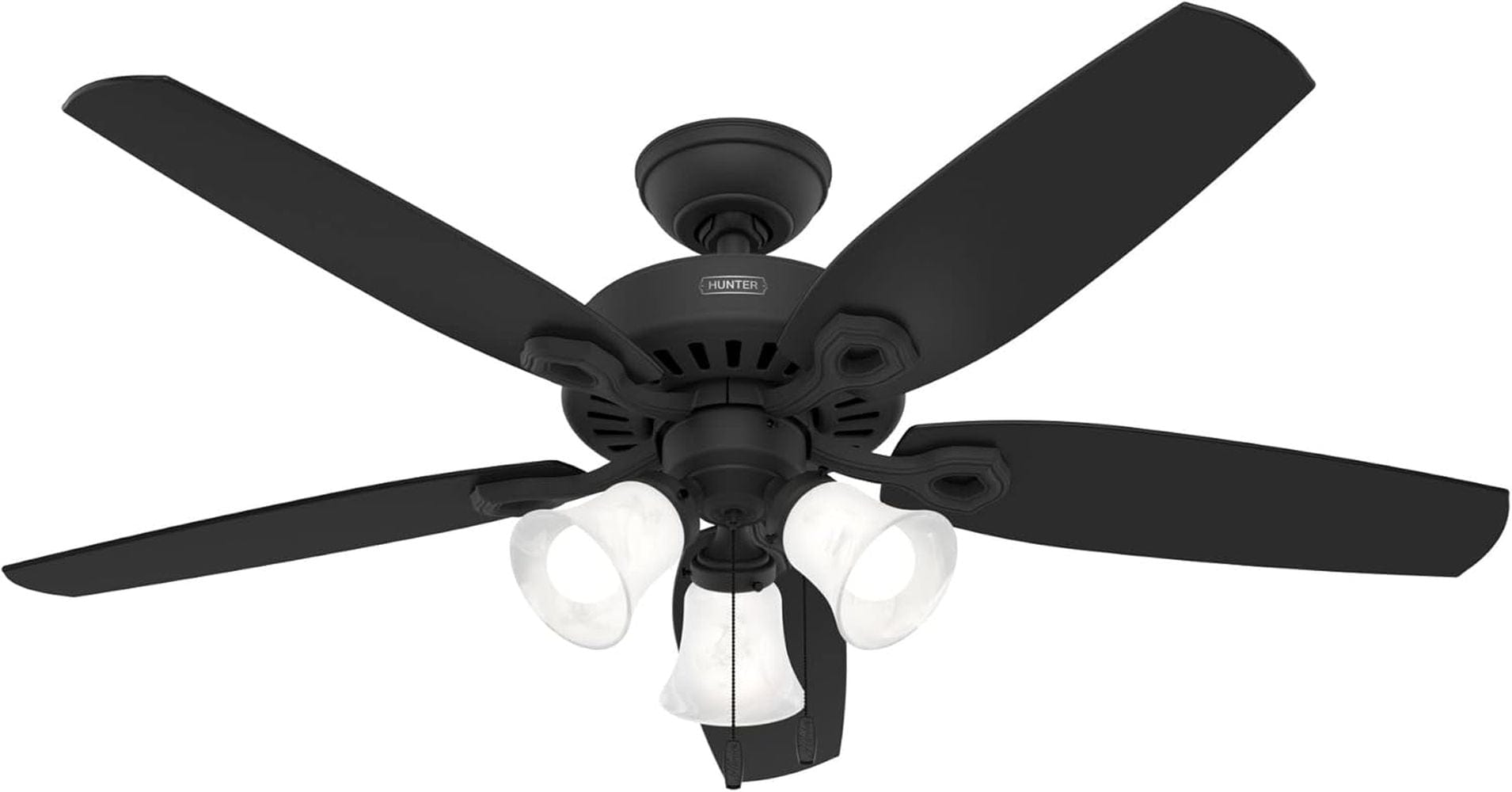 Hunter Fans 52" Builder Plus Traditional Style Ceiling Fan, Three LED Lights, Pull Chain Control, Matte Black
